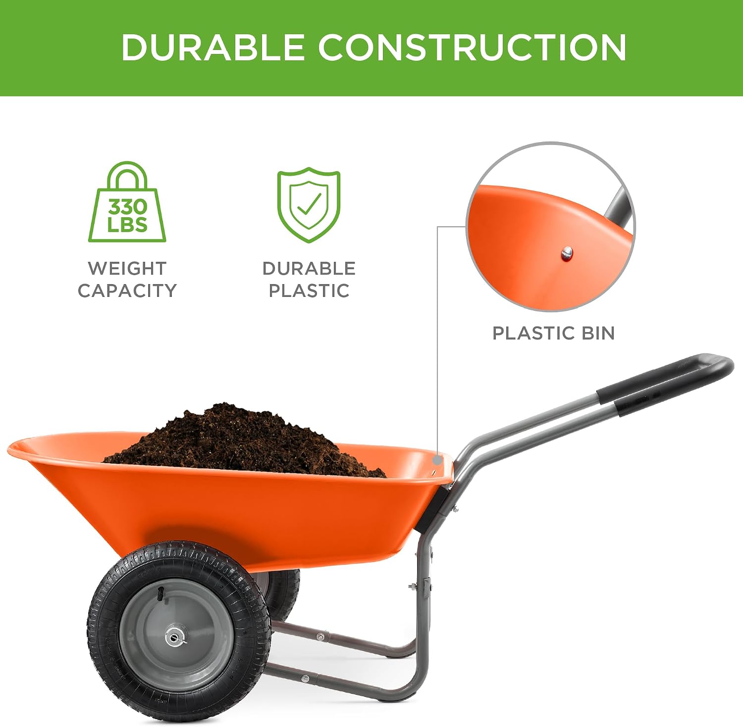 Best Choice Products Dual-Wheel Home Utility Yard Wheelbarrow Garden Cart w/Built-in Stand for Lawn, Gardening, Construction - Green