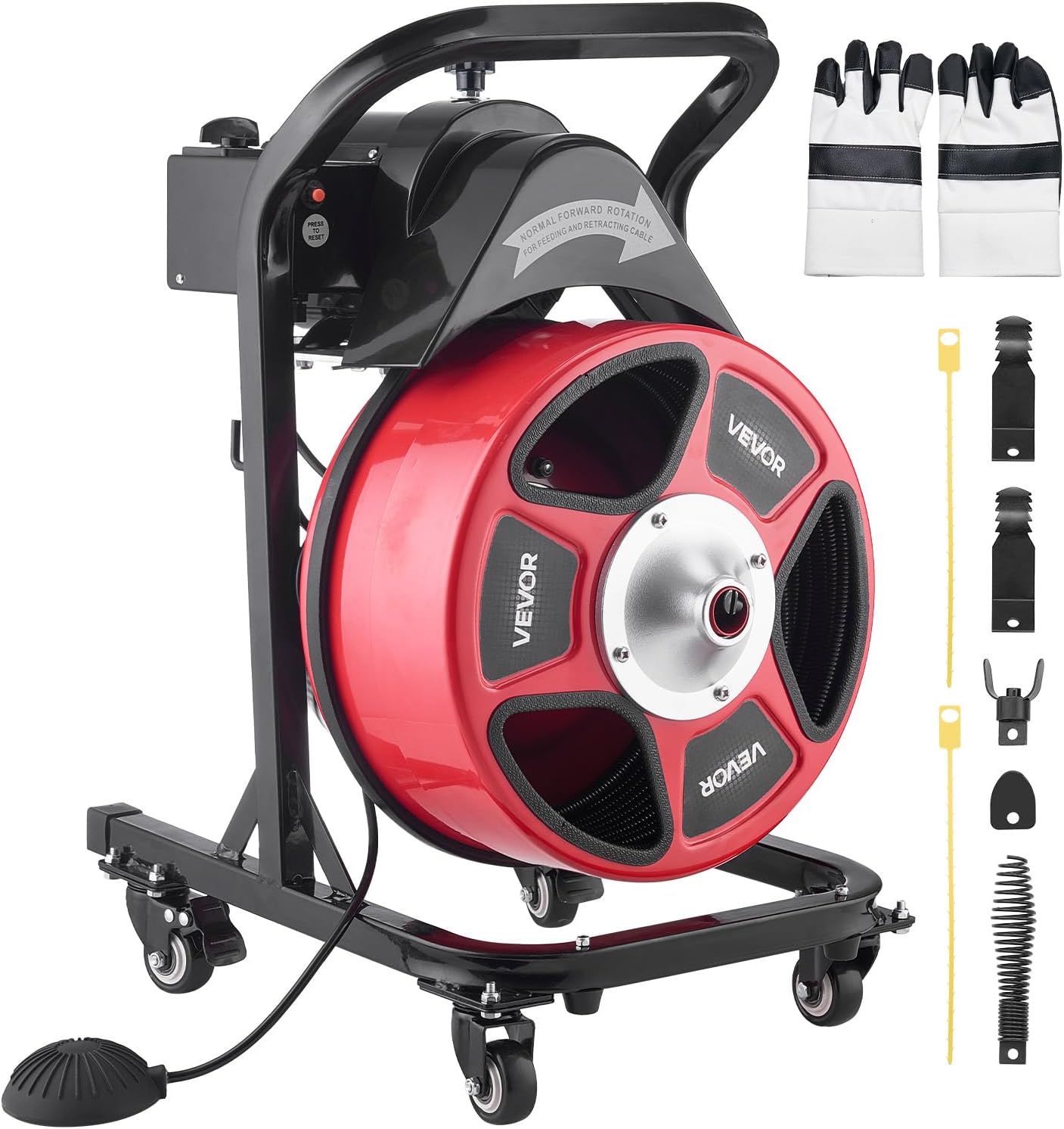 VEVOR Drain Cleaner Machine 75 FT x 3/8 Inch, Auto Feed Sewer Snake Auger on Wheels, Portable Drain Cleaning Machine with 4 Cutters & Air-activated Foot Switch for 2" to 4" Pipes