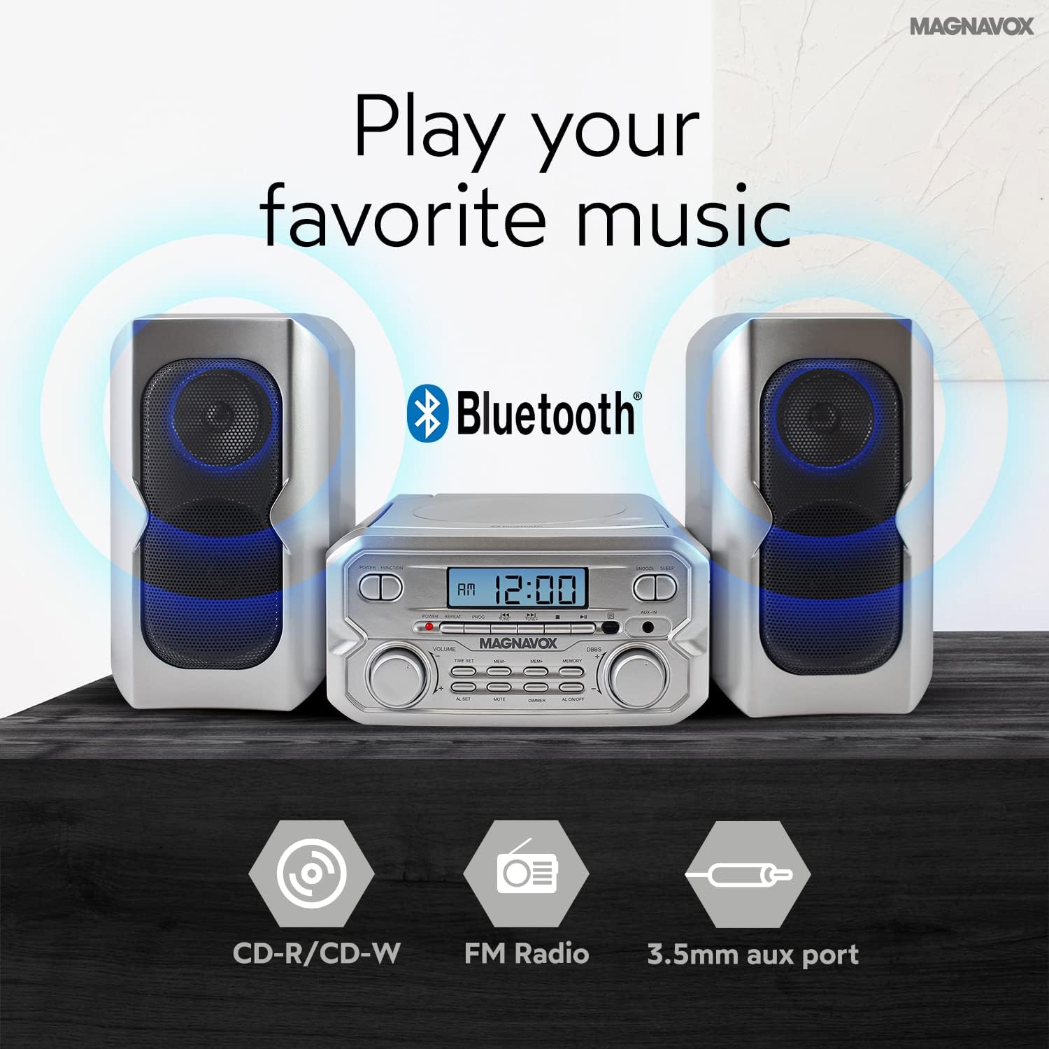 Magnavox 3-Piece Compact CD Shelf System with Digital FM Stereo Radio, Bluetooth Wireless Technology