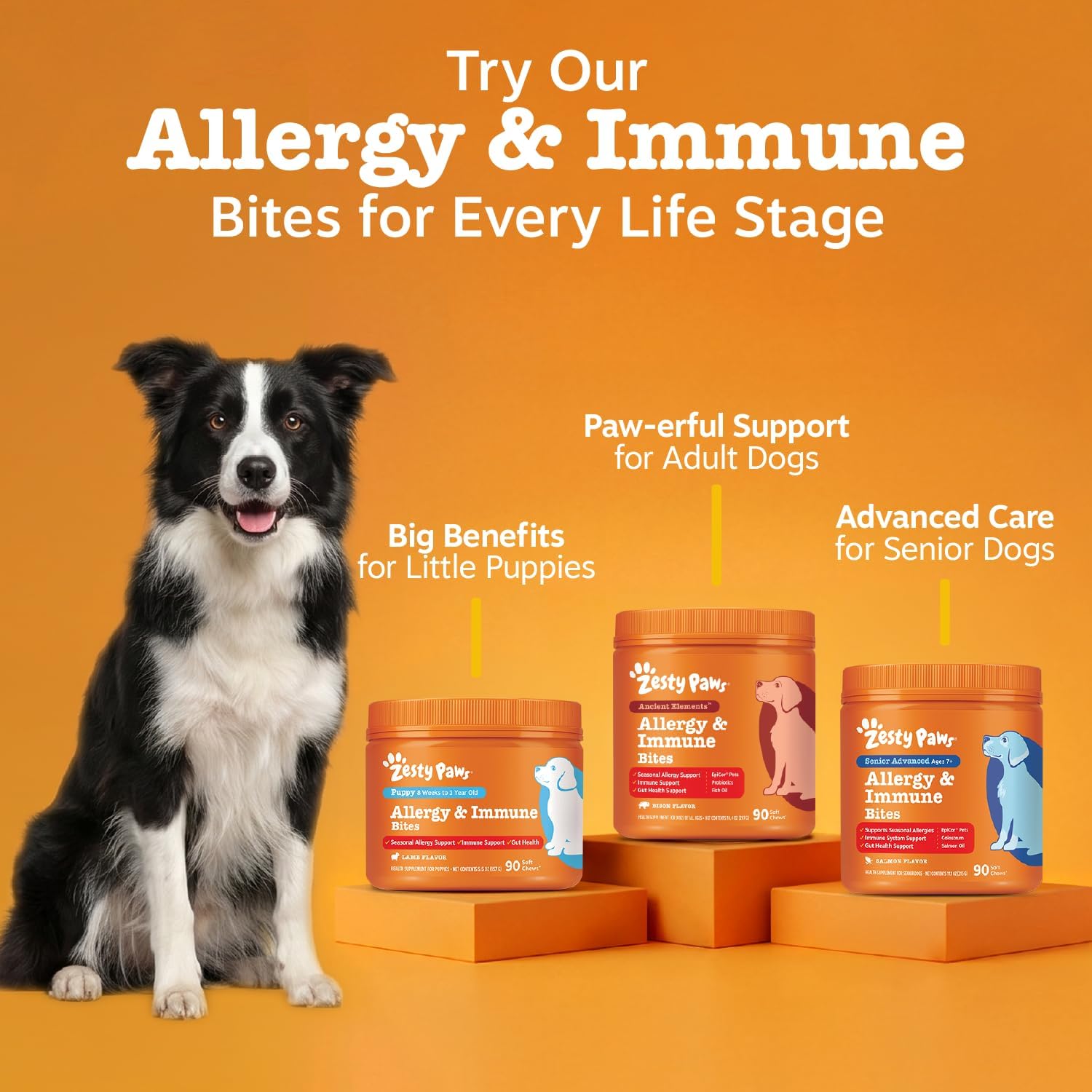 Zesty Paws Allergy Immune Bites - Dog Allergy Chews, Dog Probiotics for Itchy Skin and Ears, Lamb, 90ct