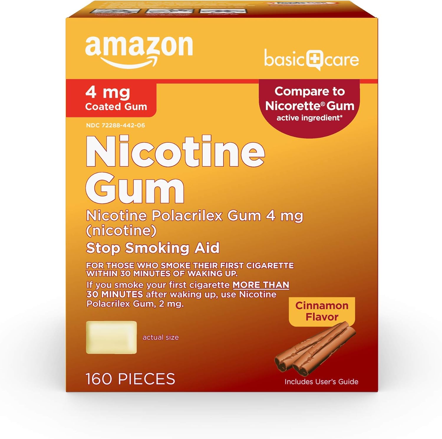 Amazon Basic Care Nicotine Polacrilex Coated Gum 4 mg (nicotine), Cinnamon Flavor, Stop Smoking Aid, Quit Smoking, Reduces Nicotine Cravings, 160 Count
