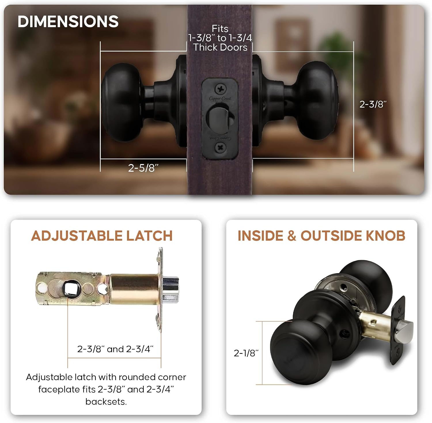 Copper Creek Colonial Privacy Interior Door Knob – ANSI Grade-3 Certified, Modern Heavy Duty Handle, Easy Install and Reversible for Bedroom, Bathroom and Closets – Satin Stainless (1 Pack)