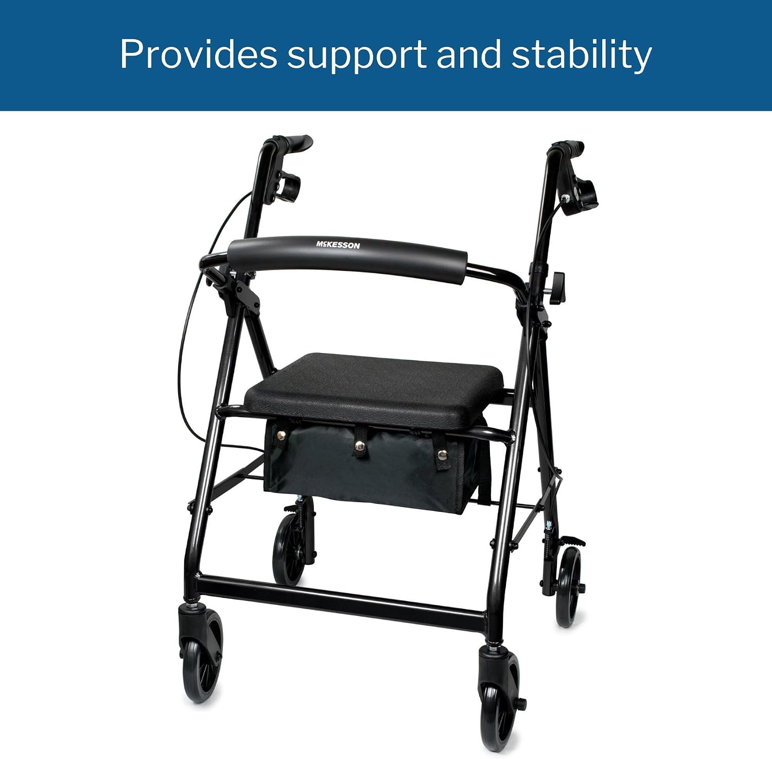 McKesson Rollator Walker with Seat and Wheels, Black, 1 ct