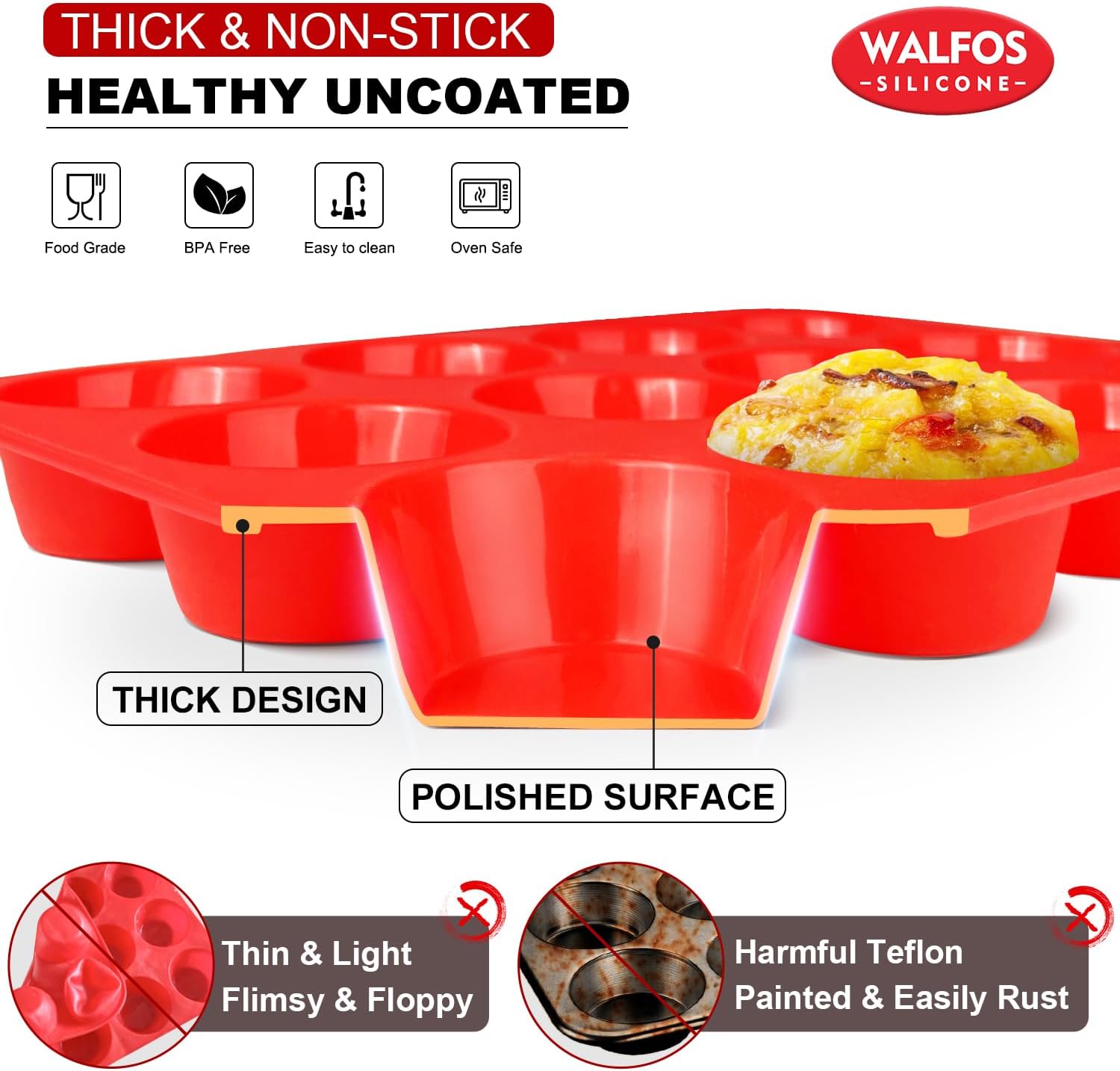 Walfos Silicone Texas Muffin Pan - 6 Cup Jumbo Silicone Cupcake Pan, Non-Stick, Just Release! Perfect for Egg Muffin