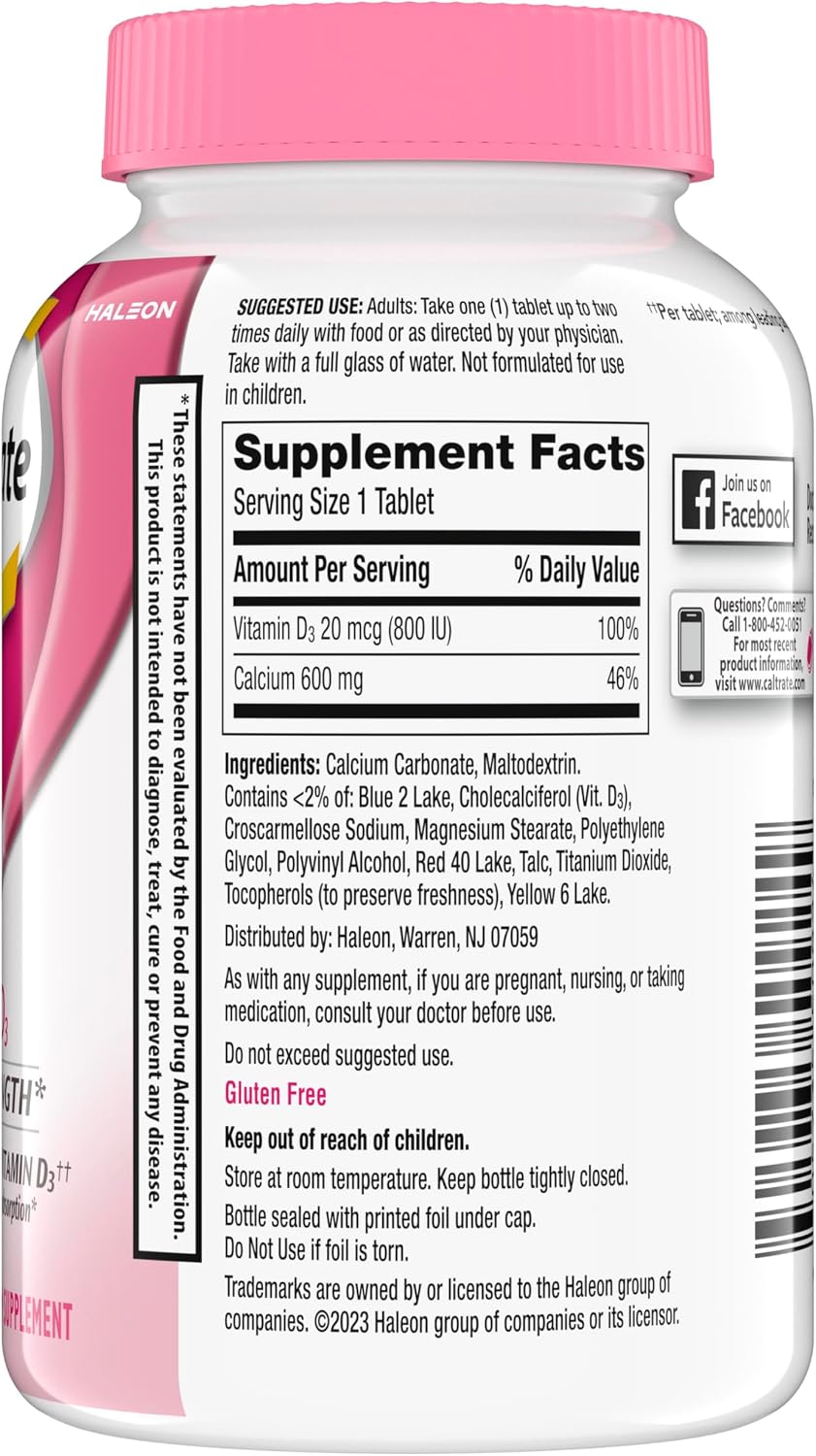 Caltrate 600 Plus D3 Vitamin D and Calcium Supplement Tablets, 120 Count | Highest Level of Vitamin D3