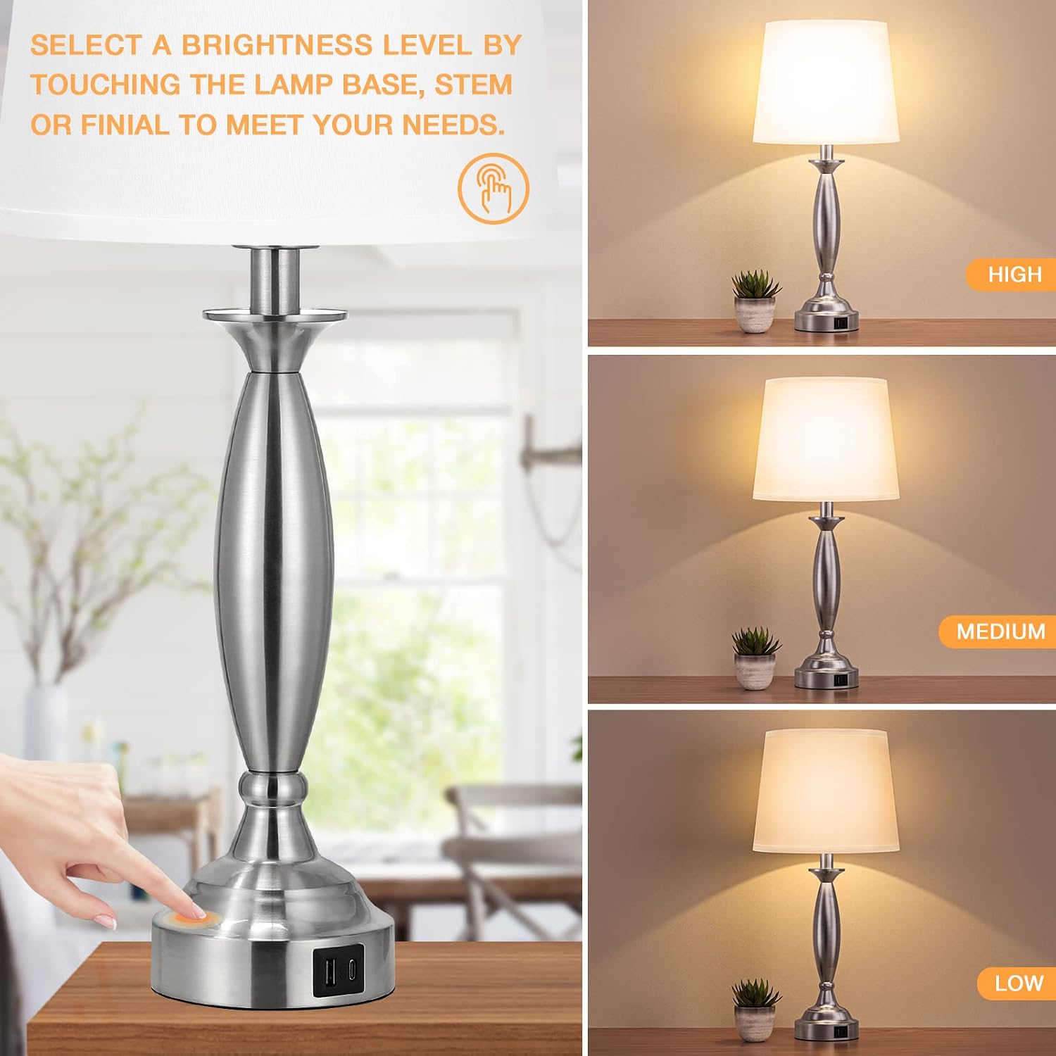 Bedroom Lamps for Nightstand, 3 Way Dimmable Silver Bedside Lamps with USB | Touch, USB C+A Ports, Bulb Included, White Shade, Silver, Chrome