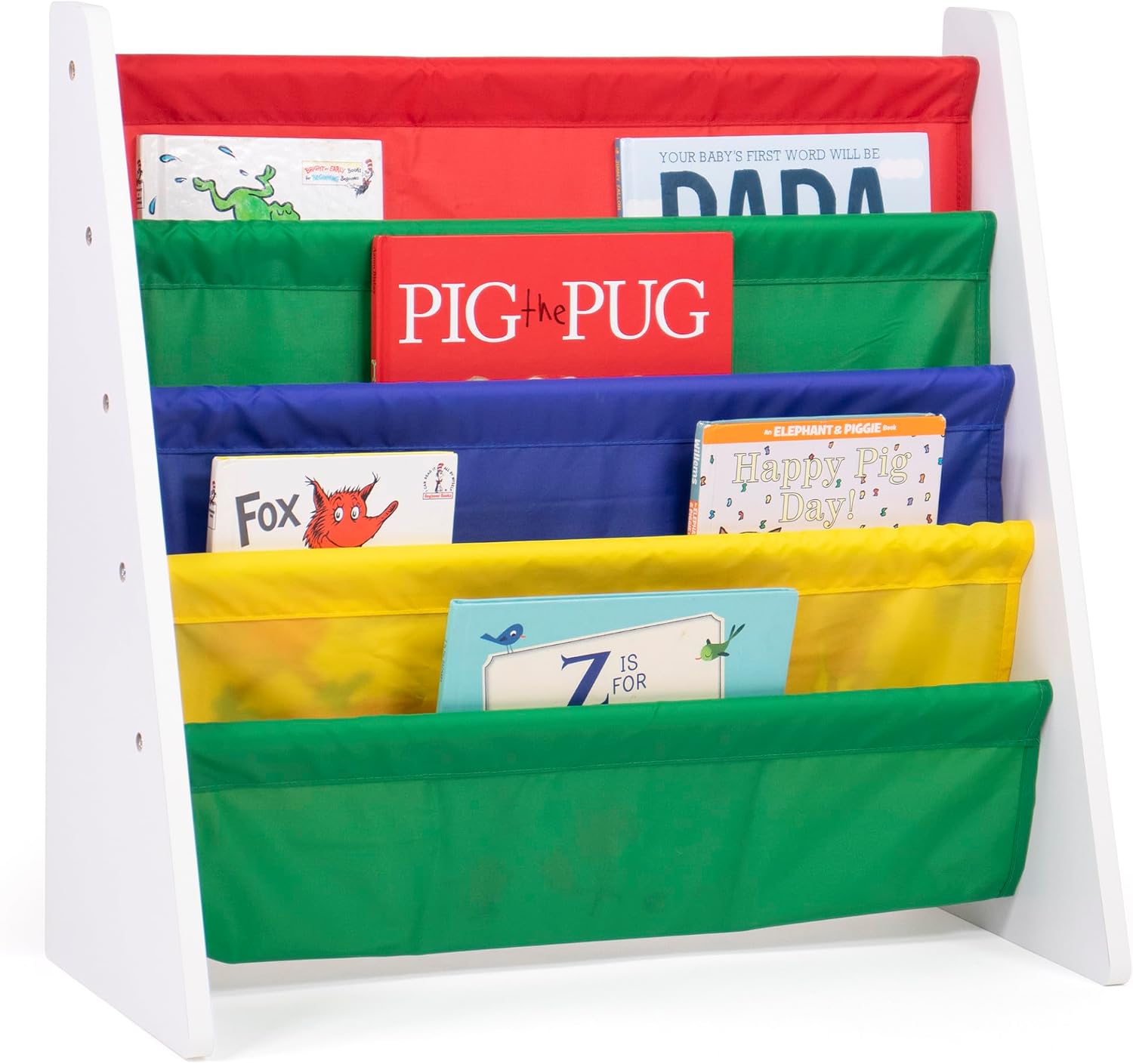 Humble Crew Kids Bookshelf, Montessori Front Facing Toddler Bookcase 4 Tier | Book display rack and reading nook organizer, nylon pockets show covers face out, compact for any playroom or bedroom space