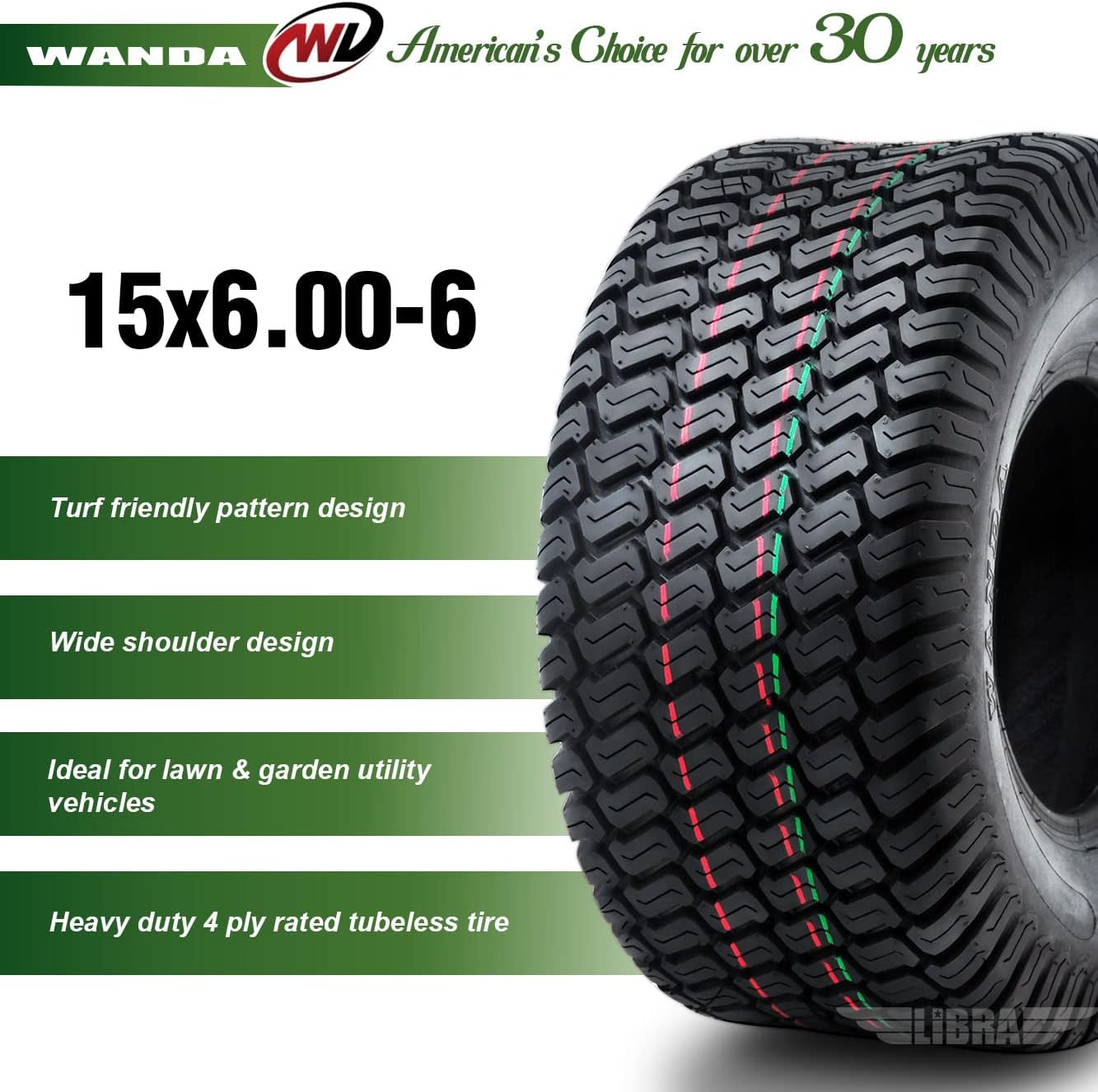WANDA Set 2 15x6-6 15x6.00-6 Lawn Mower Tractor Turf Tires15x6x6 P332-13016 | Riding Lawn Mover, Garden Tractor