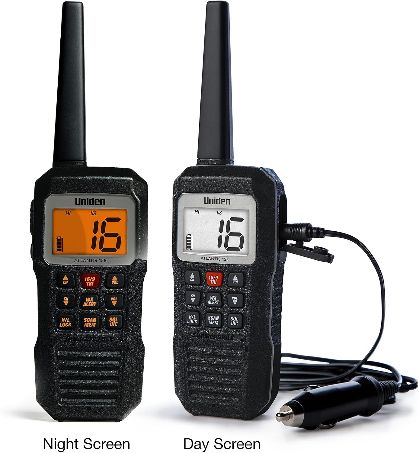 Uniden Atlantis 155 Handheld Two-Way VHF Marine Radio, Floating IPX8 Submersible Waterproof, Dual-Color Screen