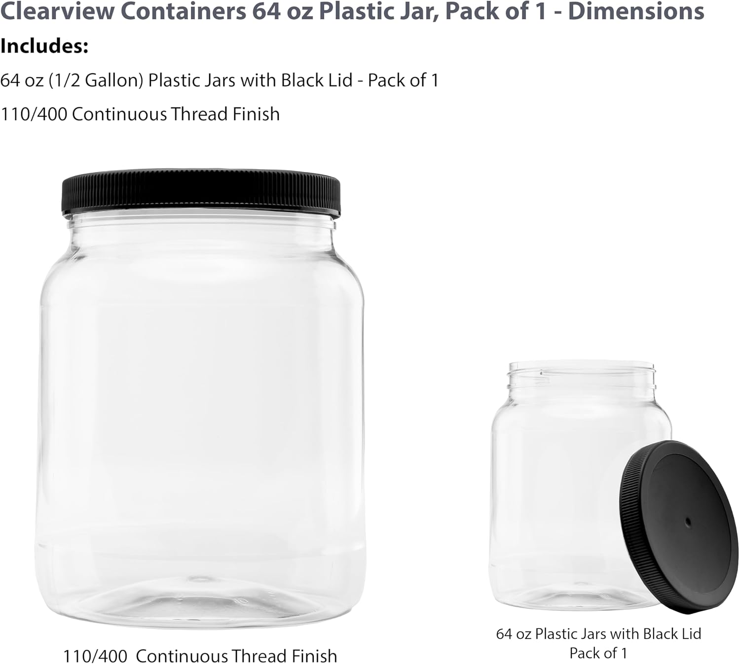 1 Pack - 128 oz (1 Gallon) Plastic Storage Jars with 110-400 Leak Proof Black Lids, Food Grade, BPA Free, Hand Wash Only (128oz, BLK, 1PK)