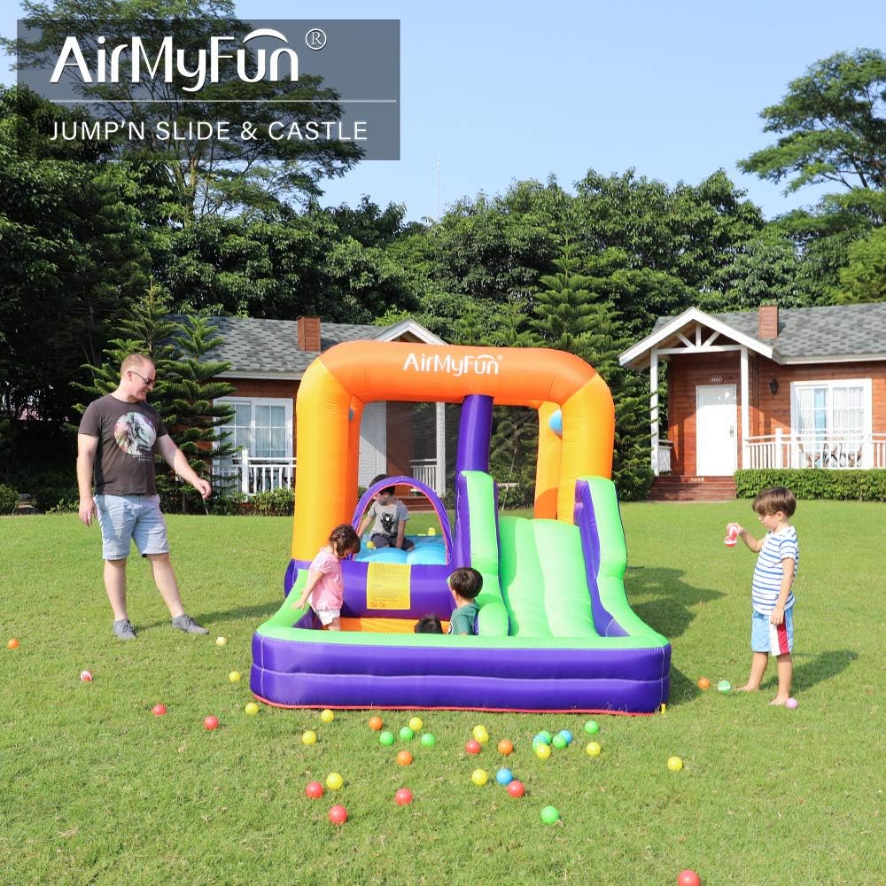 AirMyFun Inflatable Bounce House, Obstacles Bouncer & Slide with Air Blower (Purple Style)