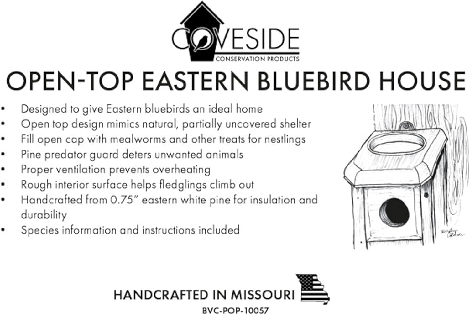 Bird Habitats Open-Top Bluebird House, Predator-Resistant Nest Box