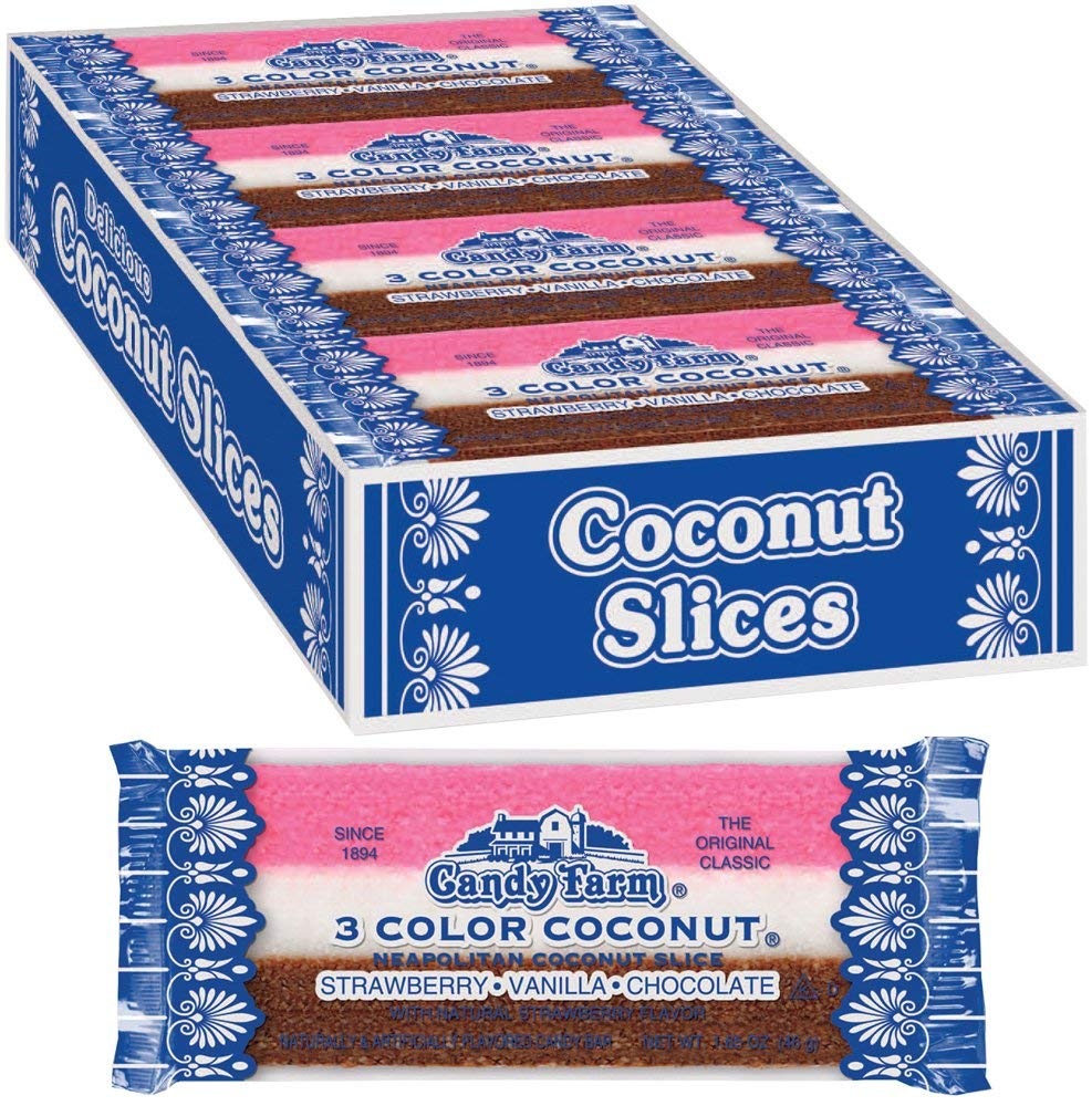 Neapolitan Coconut Slice Candy Bars (Vanilla, Chocolate & Strawberry-striped moist coconut 1.65 Ounce Bars)