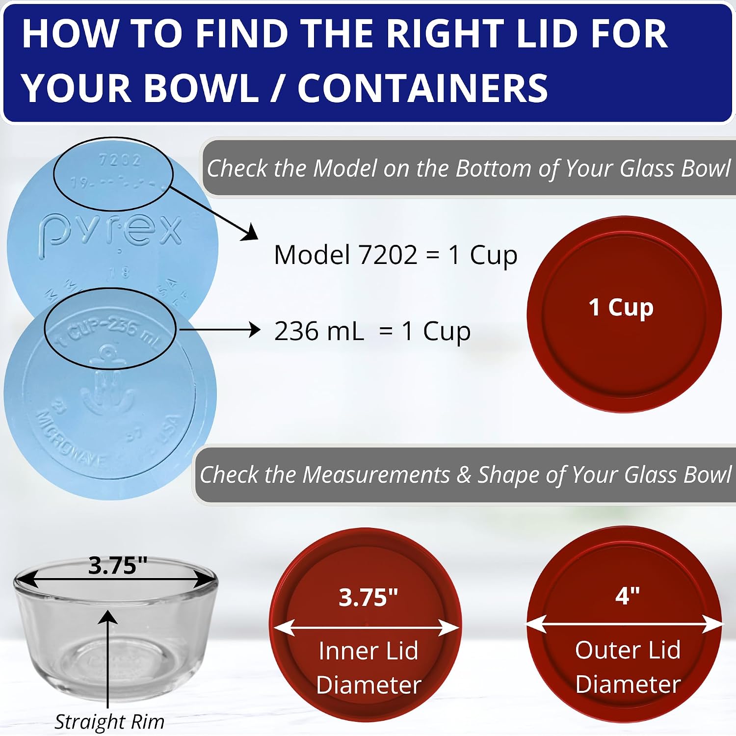 1, 2, 4 & 7 Cup Green, Orange, Blue, Red Replacement Lids/Covers for Pyrex