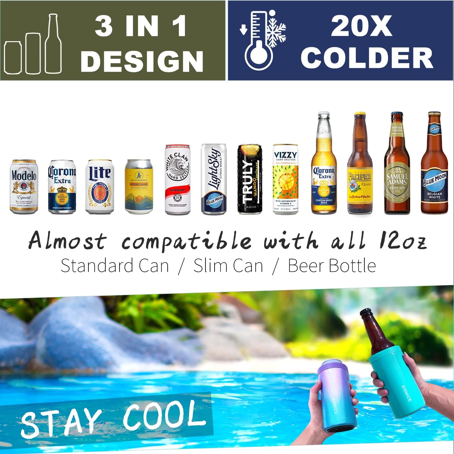 3 In 1 Insulated Universal Can Cooler - Signice Double Walled Vacuum Insulator Stainless Steel Slim Can Cooler for 12 Oz Skinny Tall Standard