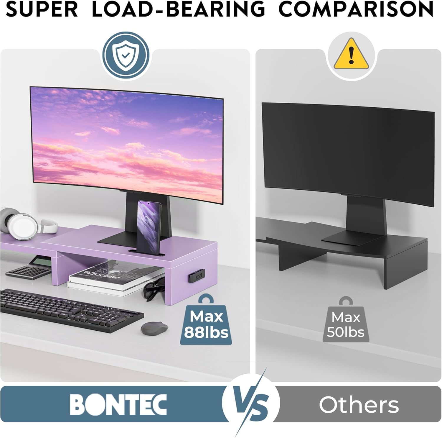 BONTEC Dual Monitor Stand Riser, Adjustable Length & Swivel Angle, Black