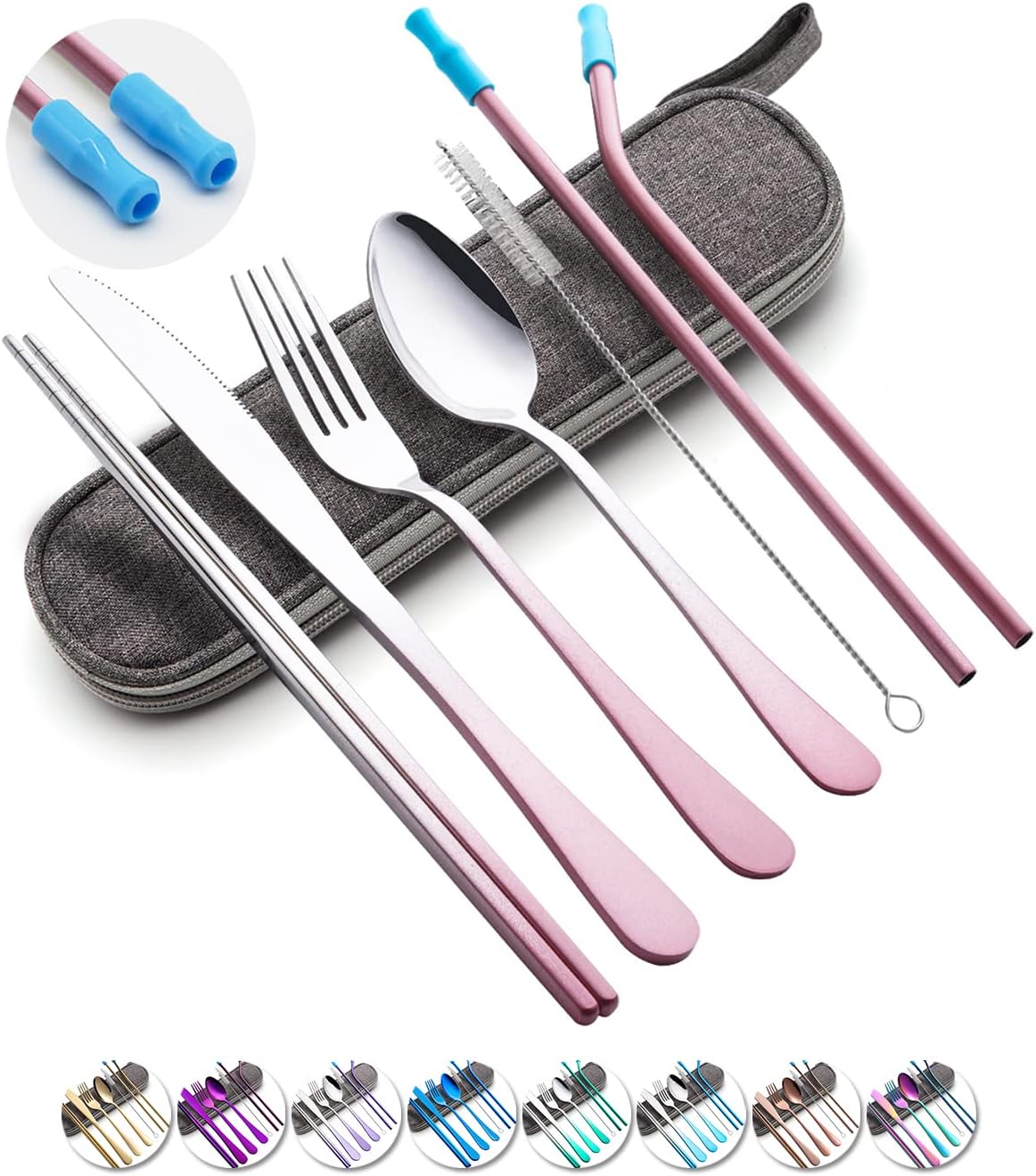 Travel Utensils Set with Case Reusable Portable Cutlery Set Stainless Steel 8pcs Including Dinner Knife Fork Spoon Chopsticks Straws(Rainbow)