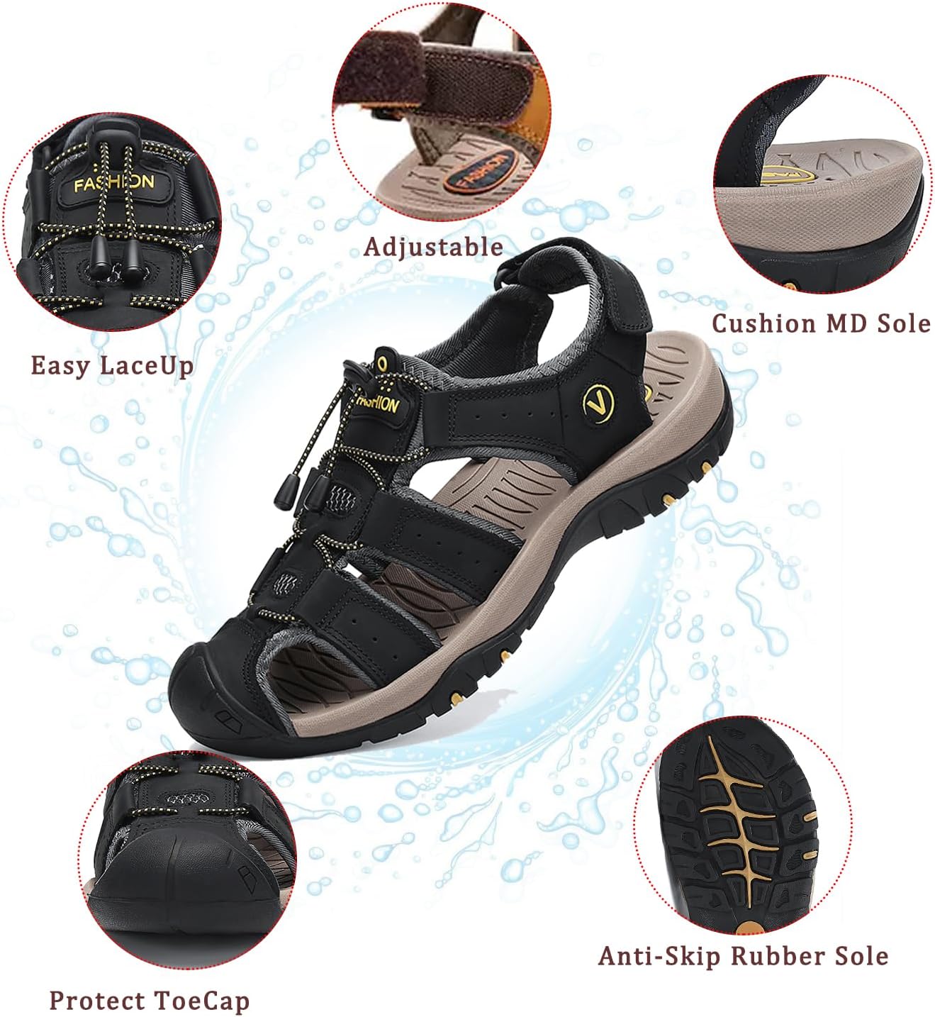 FLARUT Men's Sport Sandals Closed Toe Leather Water Hiking Shoes