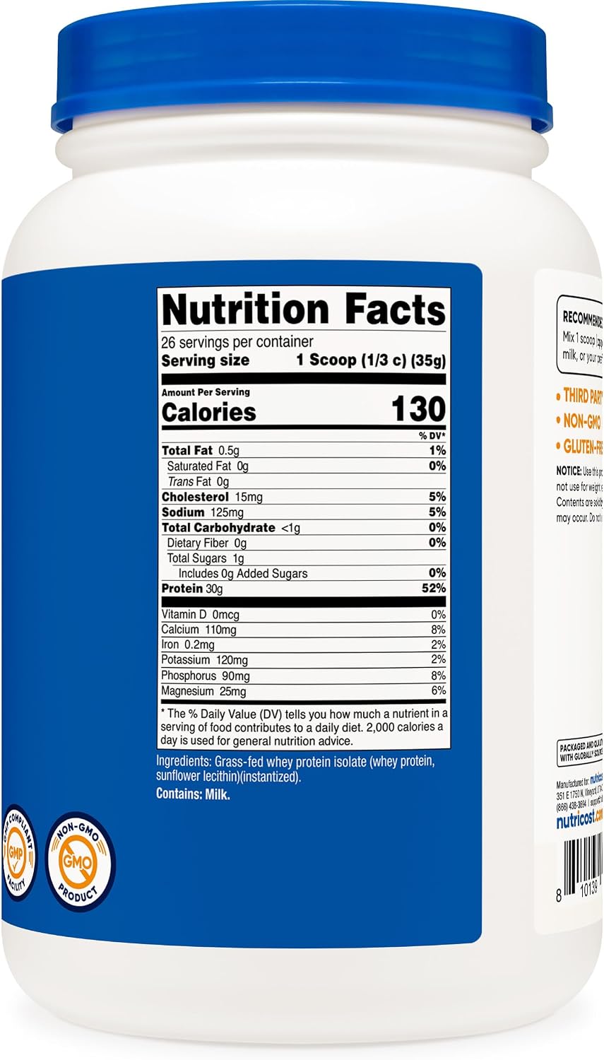 Nutricost Grass-Fed Whey Protein Isolate (Vanilla) 5LBS | GMO-Free, Gluten Free, Natural Flavors