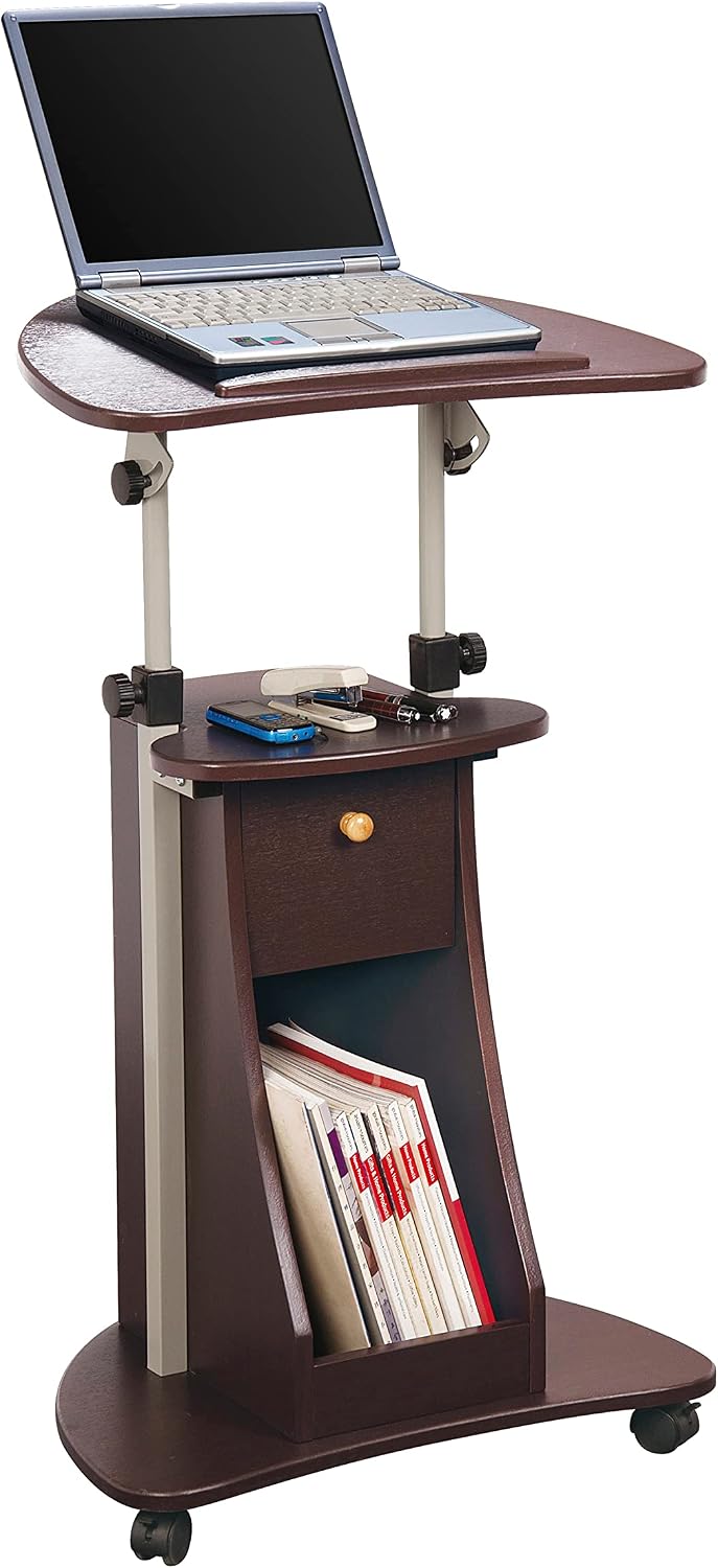 Techni Mobili Adjustable Height Rolling Laptop Cart with Storage, Graphite | Adjustable height rolling laptop cart with storage drawer, open shelf, wheels, sit‑stand design for office or medical use