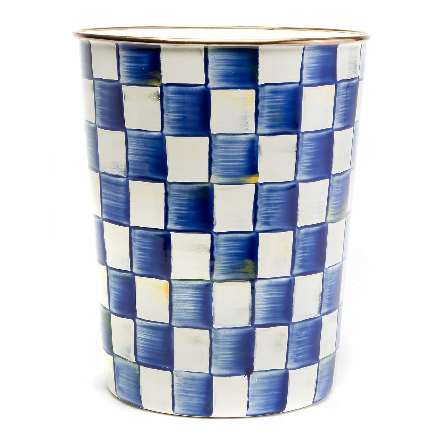 MACKENZIE-CHILDS Waste Bin, Black-and-White Courtly Check | Hand-painted design, made from enameled steel, decorative bedroom or bathroom trash can, 8" dia. x 9.5" H