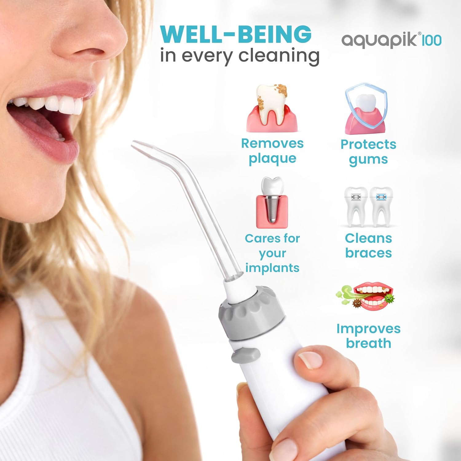 Bostontech Aquapik 100 Countertop Water Flosser for Teeth, 600 ml Corded Oral Irrigator with 10 Pressure Levels, 8 Nozzles Including Nasal Tip
