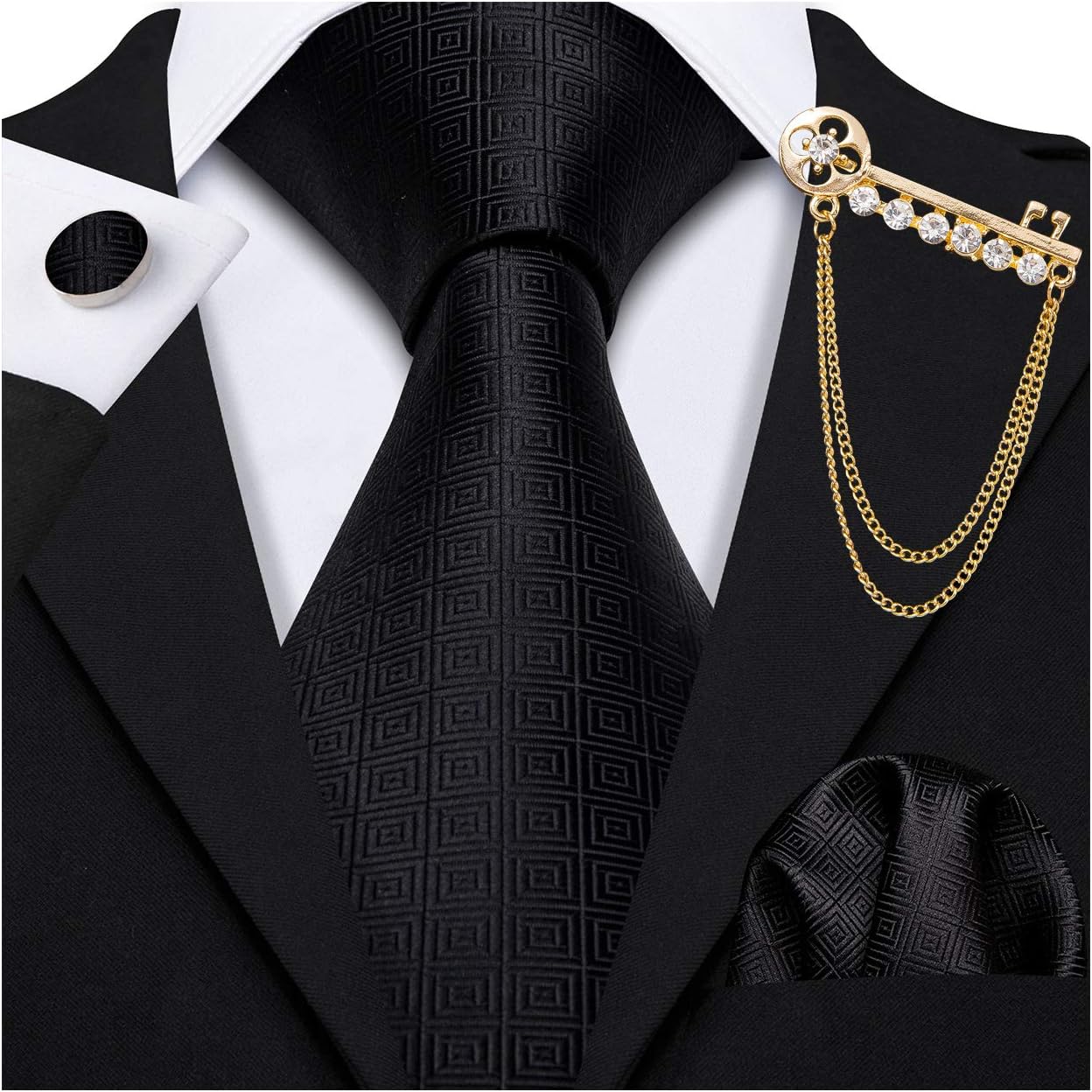 Barry.Wang Plaid Ties for Men Silk Necktie Handkerchief Cuff Links Set