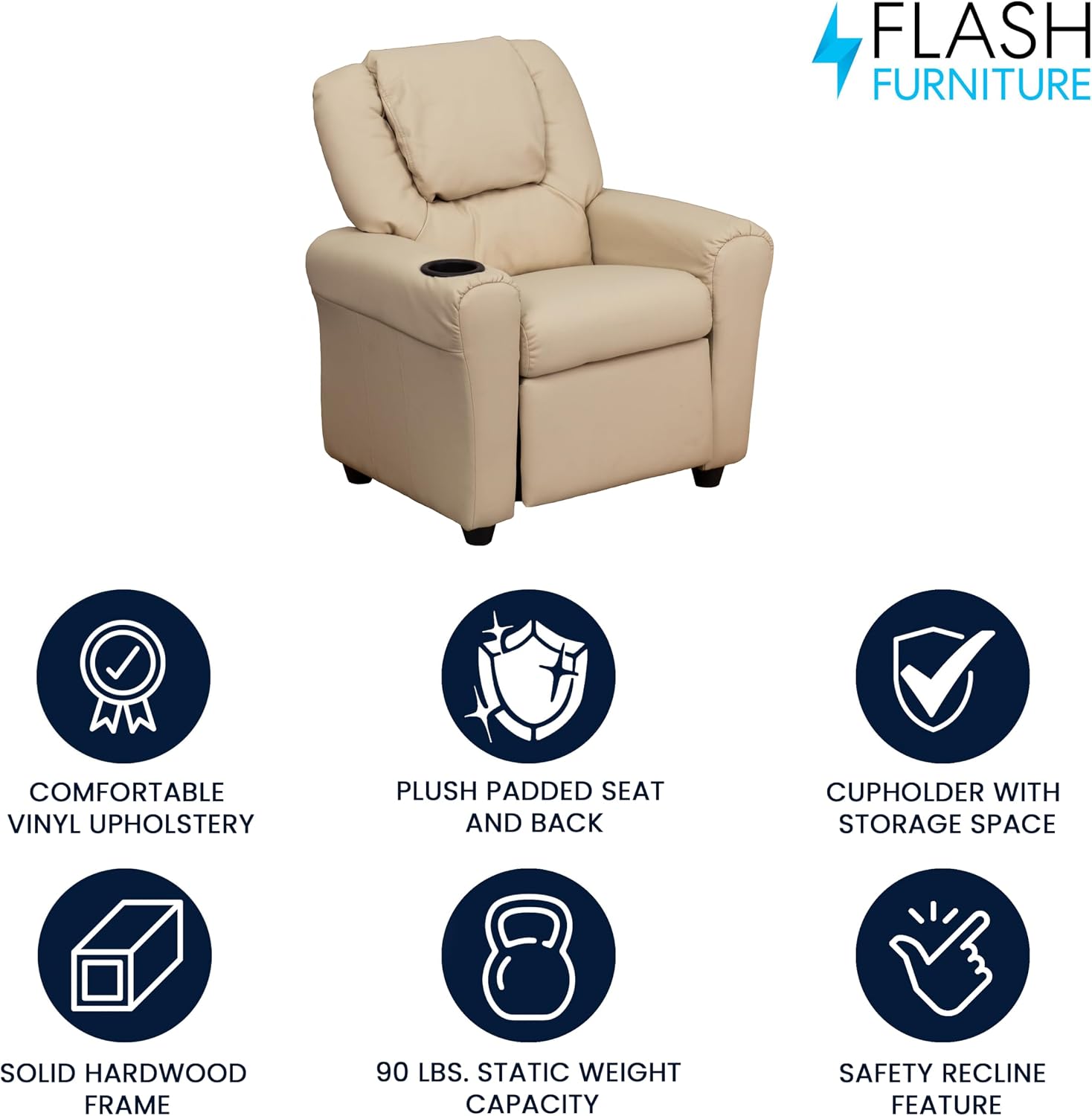 Flash Furniture Vana LeatherSoft Kids Recliner with Cup Holder, Headrest, and Safety Recline, Contemporary Reclining Chair for Kids, Supports up to 90 lbs., Brown | Manual Recline, Padded Seat and Back, Child-Friendly Design, Safety Recline Feature