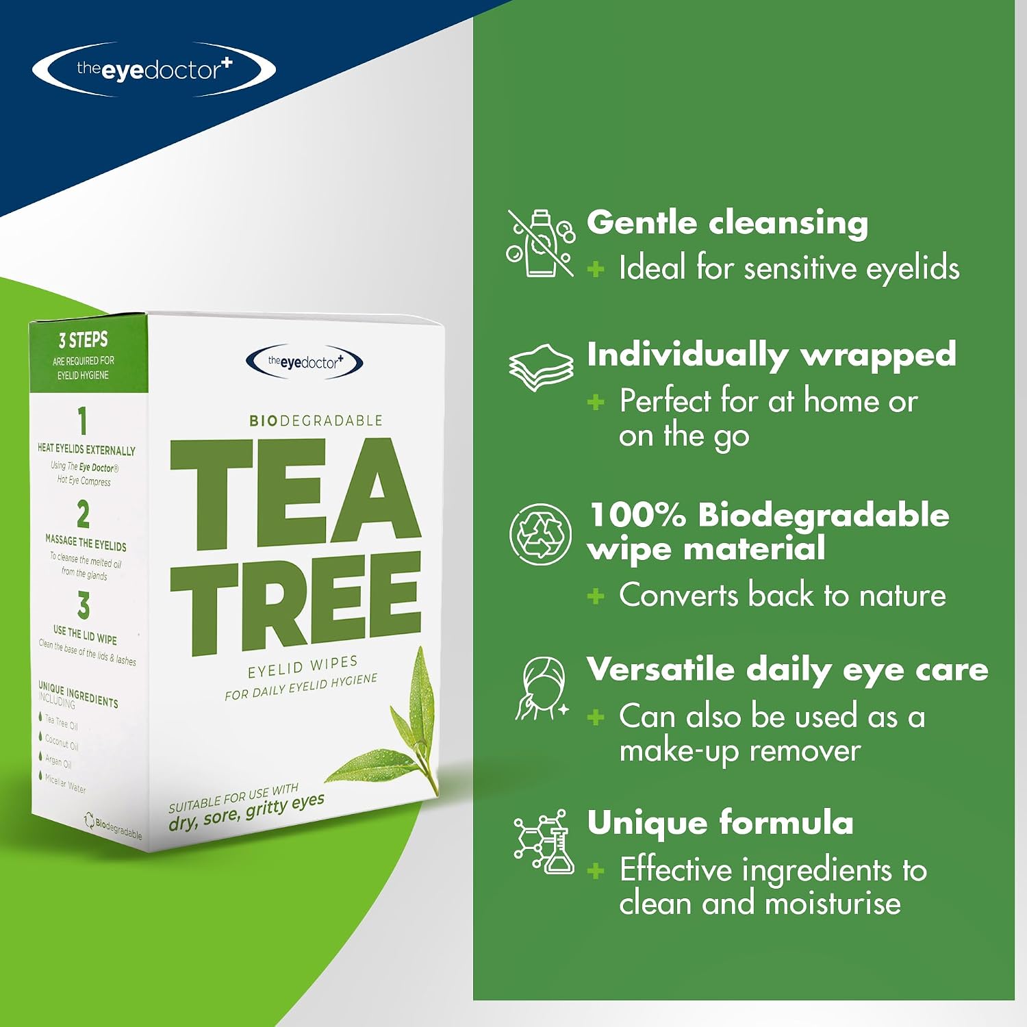 The Eye Doctor Tea Tree Oil Eyelid Wipes - 40 x Single Use Eye Cleaning Wipes for Daily Lid Care - Individual Preservative Free Sensitive Eye