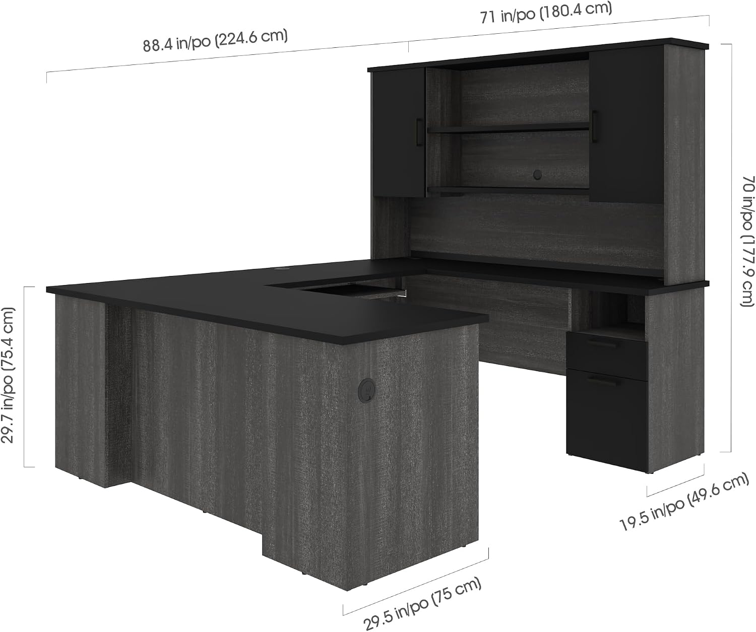 Bestar U or L Shaped Executive Desk with Hutch, Black & Gray, Norma, 71W