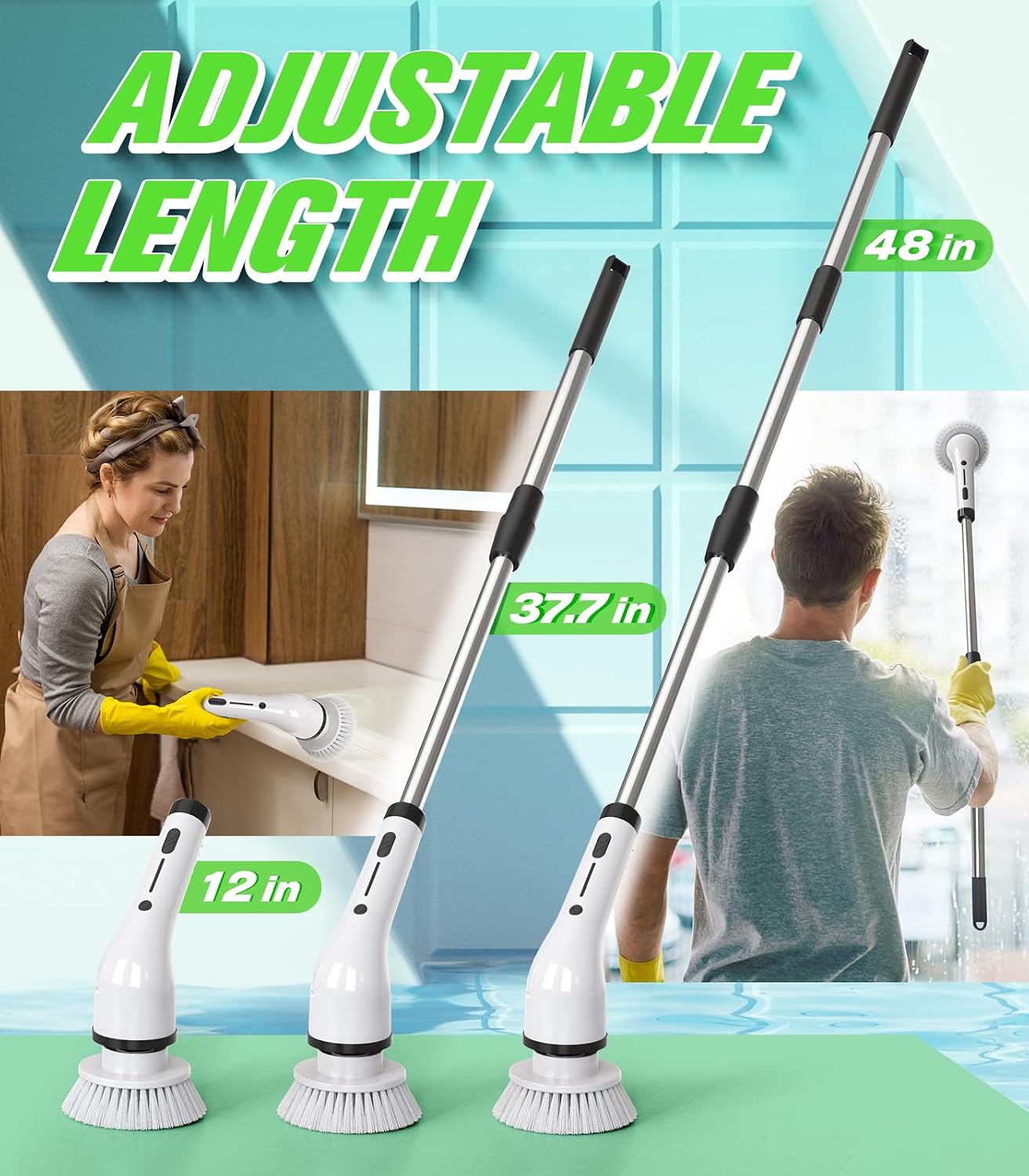 Electric Spin Scrubber, 3-Speed Flat End Brush with 8 Brush Heads & Base, IPX7 Waterproof, Adjustable Long Handle, Digital Display, 2500mAh Fast Charging, for Bathroom, Tub, Tile, Floor