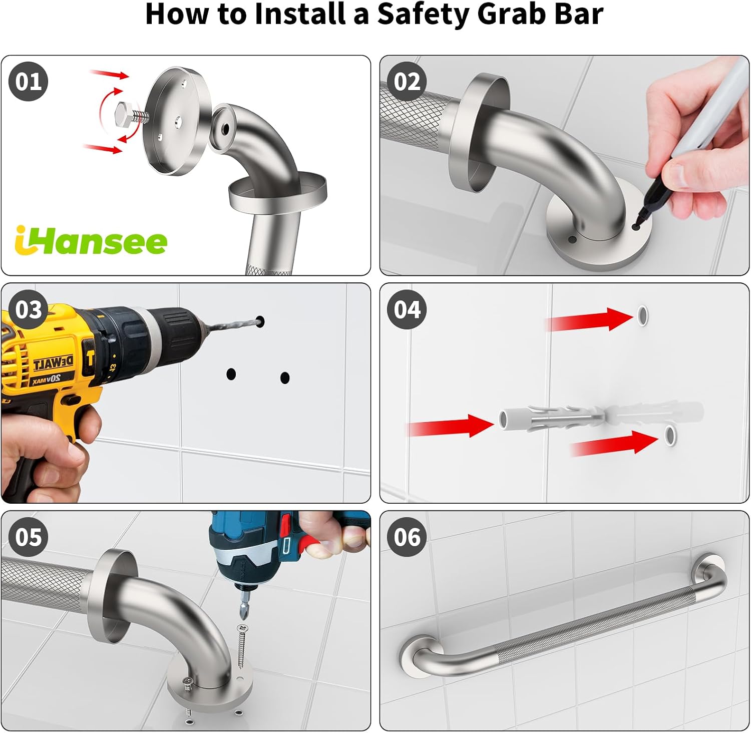 Brushed Nickel Grab Bars 18" 32" 36" 42" Bundle - 1.25" Diameter | 4 Pack Commercial Grab Bar, Anti-Slip Safety Shower Handrail, Toilet Handicap Bar, Stainless Steel Bathroom Handle for Senior