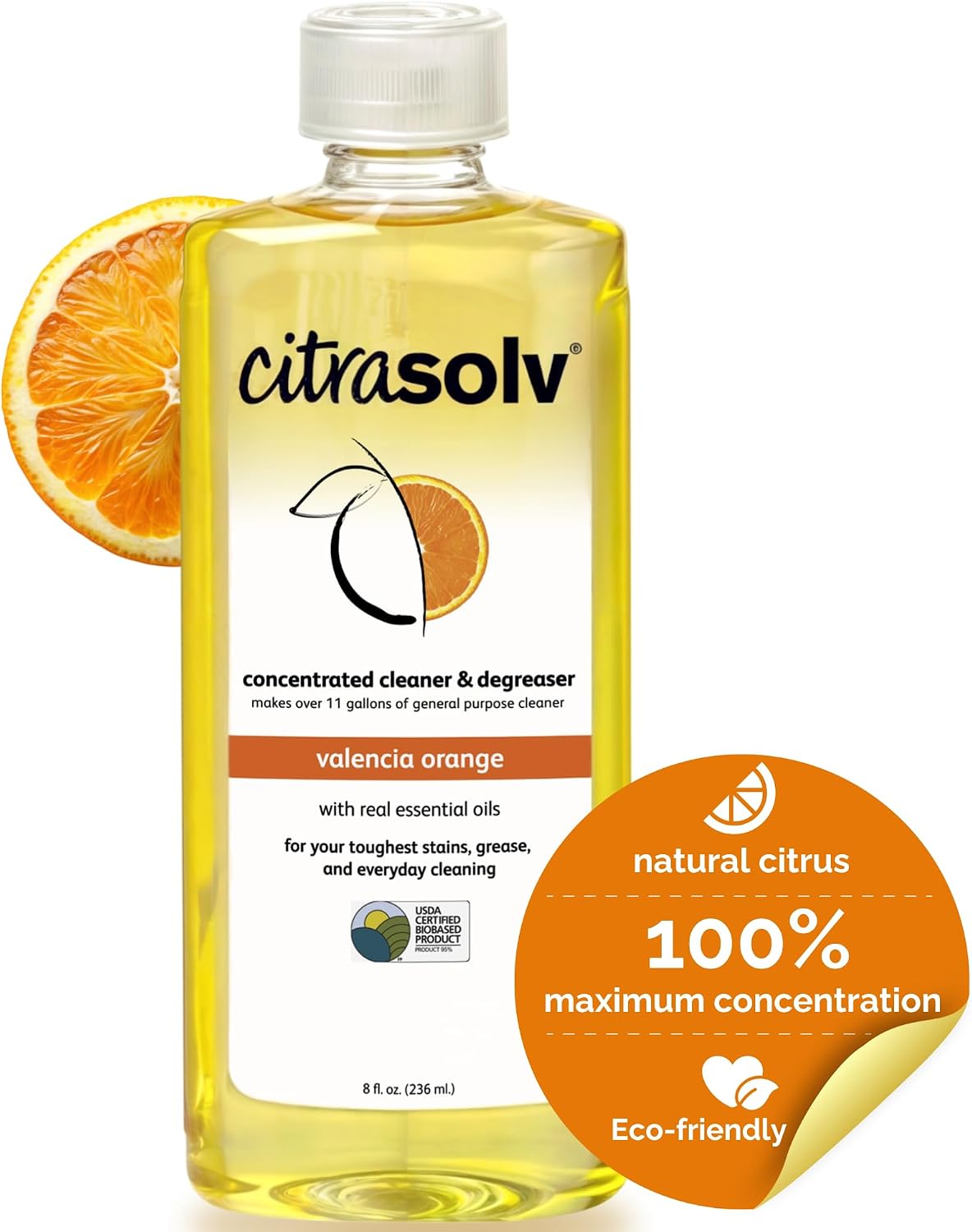 Citra Solv Concentrated Cleaner & Degreaser, Deodorizer, Home & Outdoor, Adhesive Remover, Paint Thinner, Natural Orange Oil, Valencia Orange 8 Fl Oz