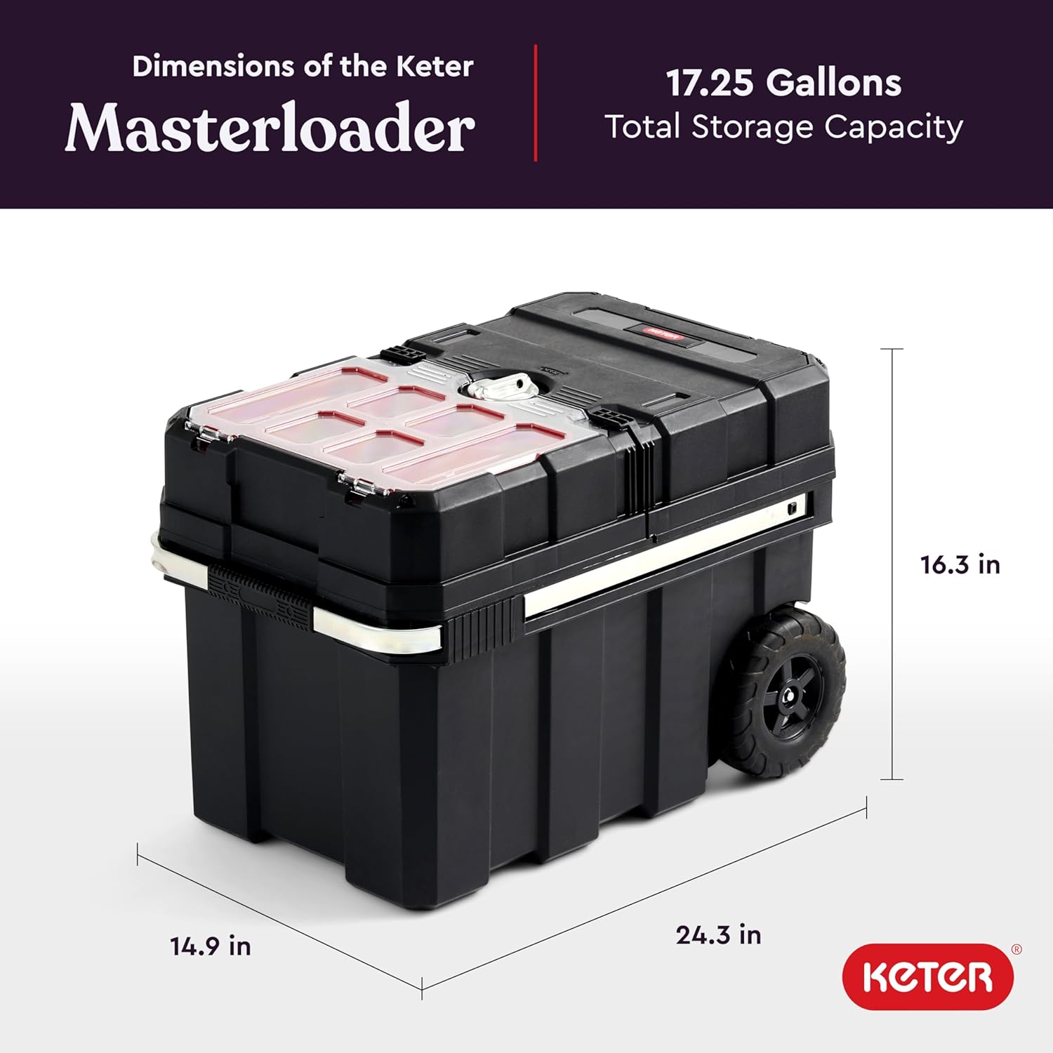 Keter Masterloader Resin Rolling Tool Box with Locking System and Removable Bins – Perfect Organization and Storage Chest for Power Drill, Tape Measure, and Screwdriver Set, Black | Black, Heavy Duty, Weatherproof, All Terrain Wheels, Durable, Easy Slide…