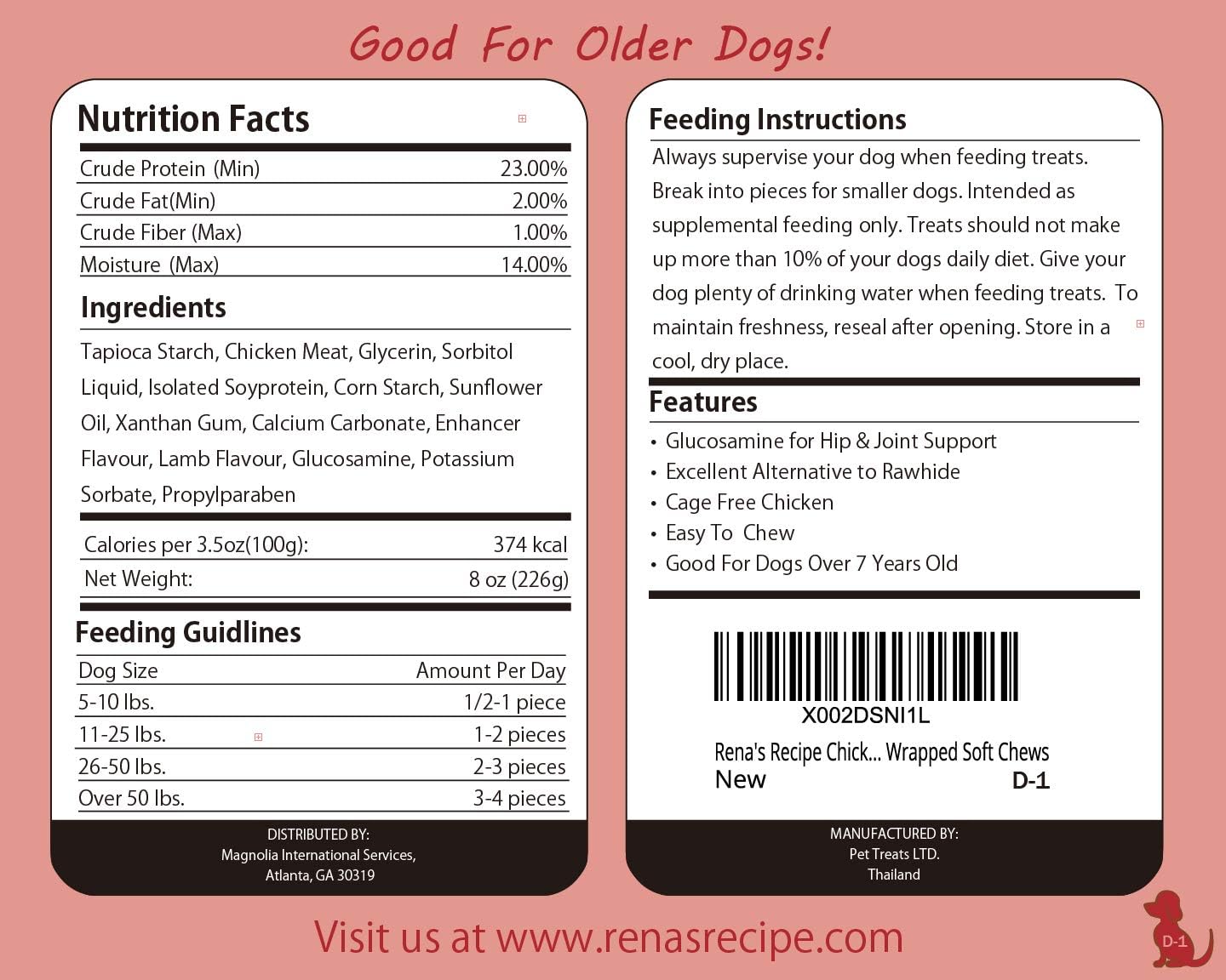 Rena's Recipe Chicken Twisty Sticks Chicken Wrapped Dog Treats, 8 oz | Rawhide-Free Chicken Wrapped Soft Chews with Glucosamine for Joint Support