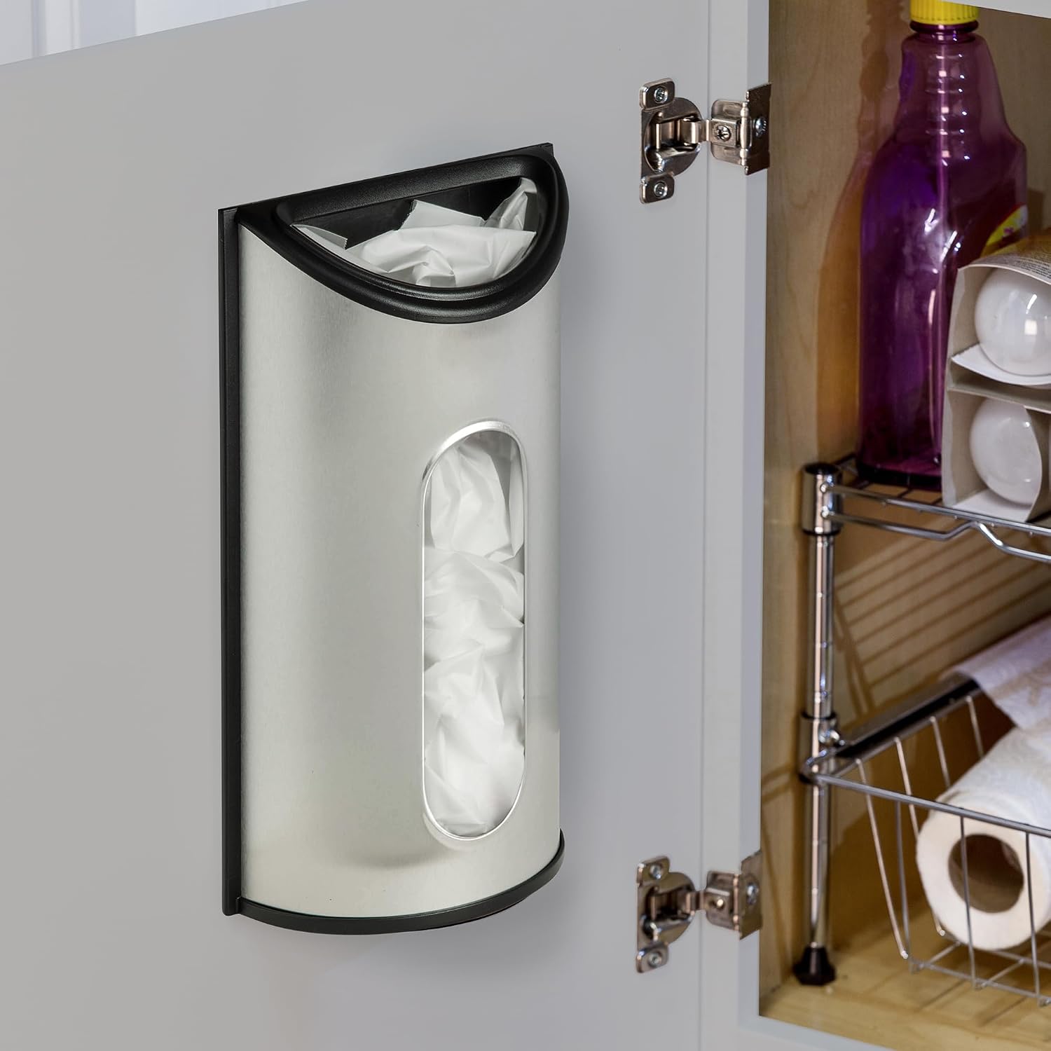 Honey-Can-Do Stainless Steel Plastic Bag Saver & Trash Bag Dispenser, Wall-Mounted Plastic Bag Organizer for Kitchen, Pantry, Garage