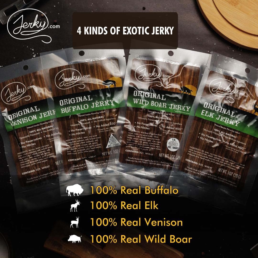 Jerky.com Exotic Jerky Variety Pack | 4pc Wild Game Snacks Sampler with Venison, Elk, Buffalo & Wild Boar | High Protein, Keto, Exotic Jerky Gifts for Men | Gifts for Men & Hunters | Venison, Elk, Buffalo & Wild Boar, High Protein, Keto Friendly, Exotic…