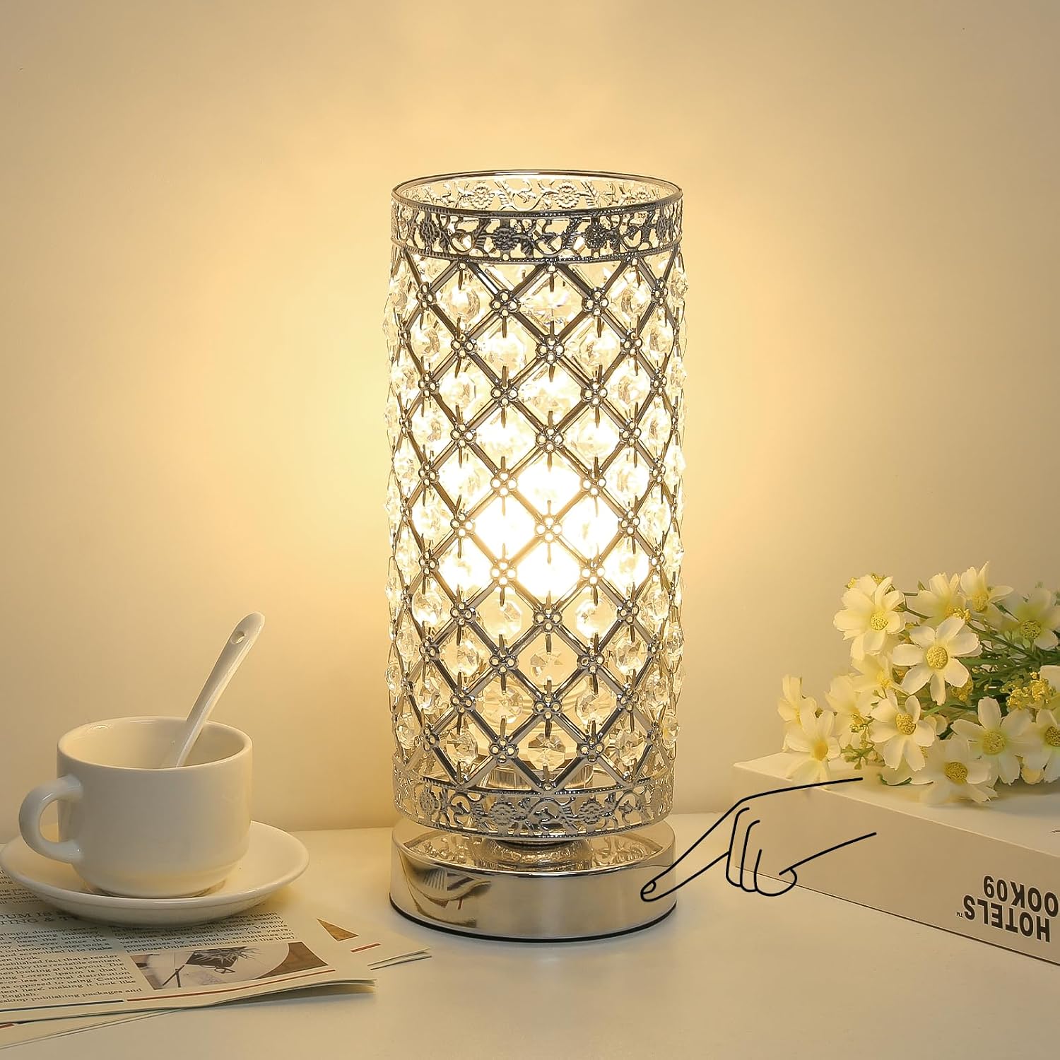 Crystal Table Lamp, 3 Way Touch Control Dimmable Bedside Nightstand Lamp | Silver Crystal Desk Lamp