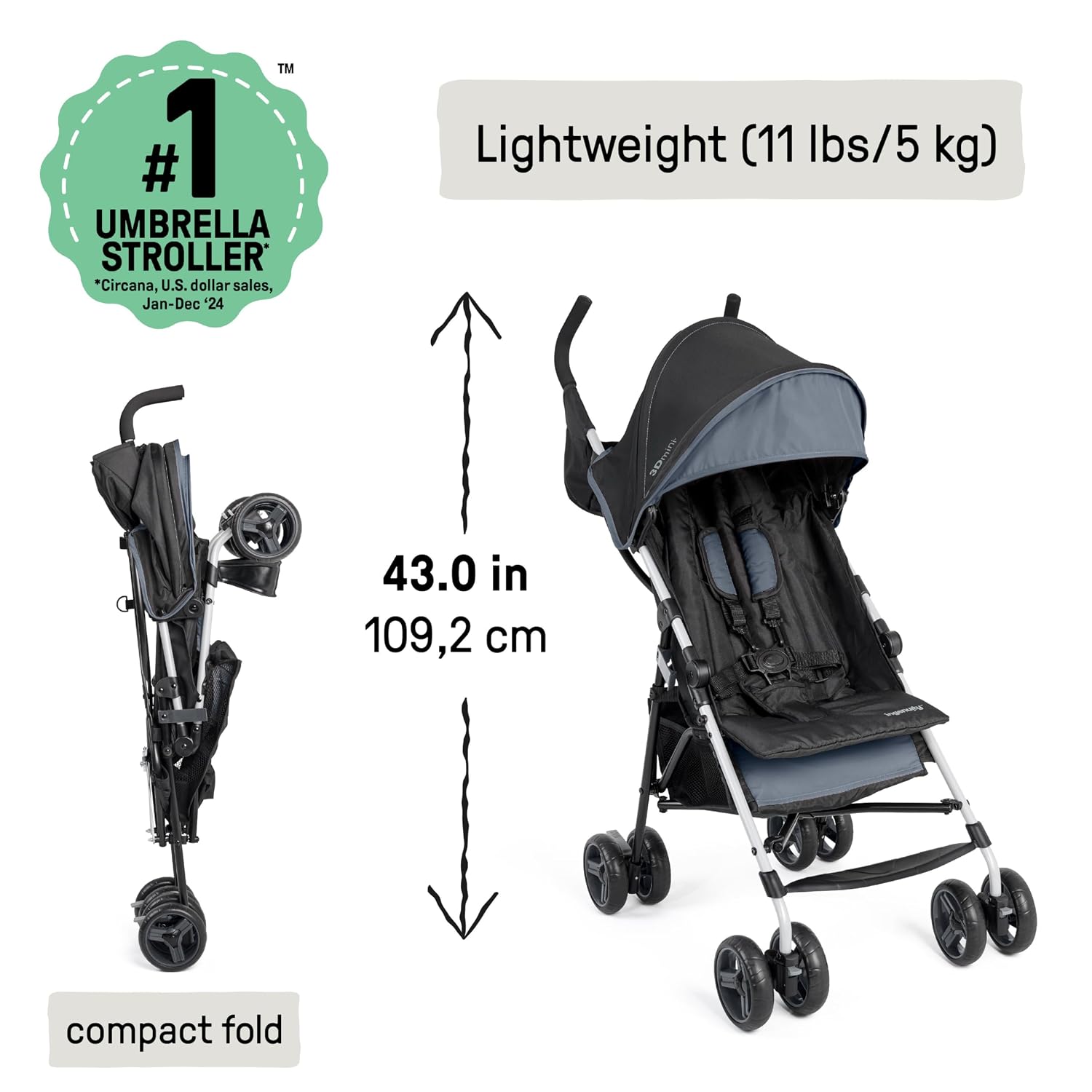 Ingenuity 3D Mini Convenience Stroller – Lightweight Stroller with Compact Fold, Multi-Position Recline, Canopy with Pop Out Sun Visor – Umbrella Stroller for Travel & More, Blue/Black