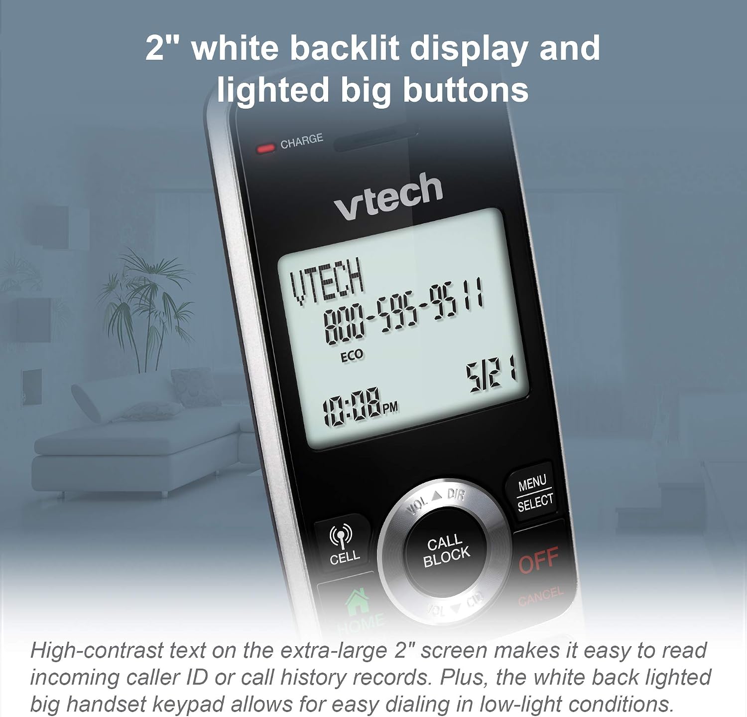 VTech VS113-5 Extended Range 5 Handset Cordless Phone for Home with Call Blocking, Connect to Cell Bluetooth, 2" Backlit Screen, Big Buttons