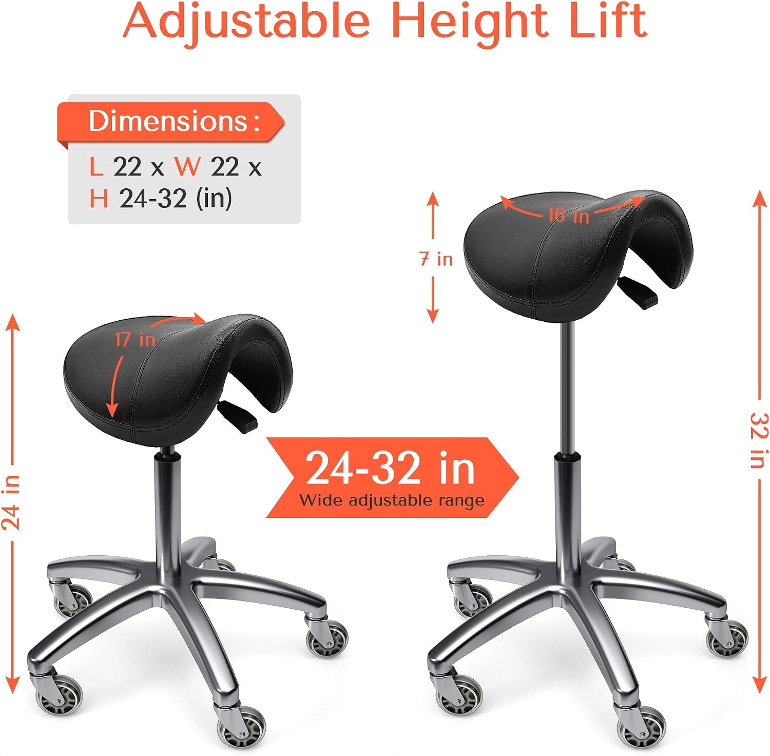 TASALON Wheeled Ergonomic Swivel Saddle Stool, Black