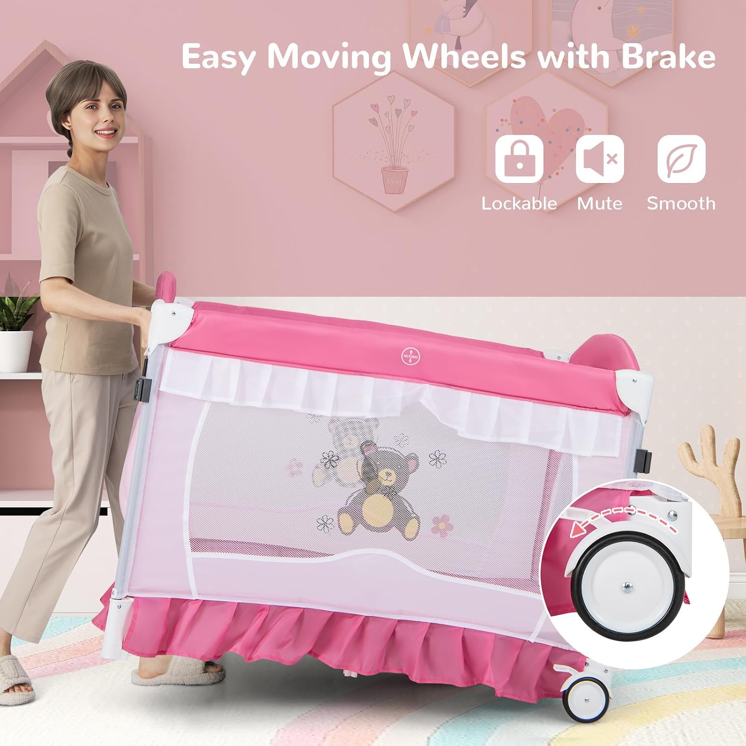 HONEY JOY 4-in-1 Pack and Play with Canopy, Portable Baby Playard w/Changing Table and Infant Bassinet Cute Toys & Music