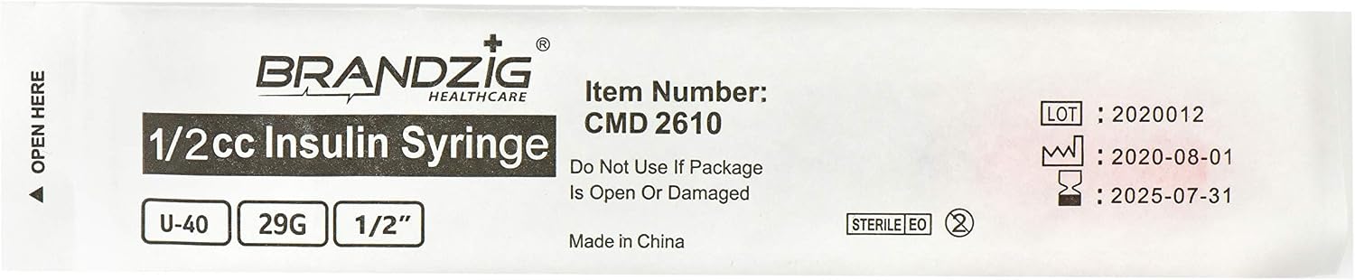 Brandzig U-40 Pet Insulin Syringes 29G 1/2cc, 1/2" 100-Pack