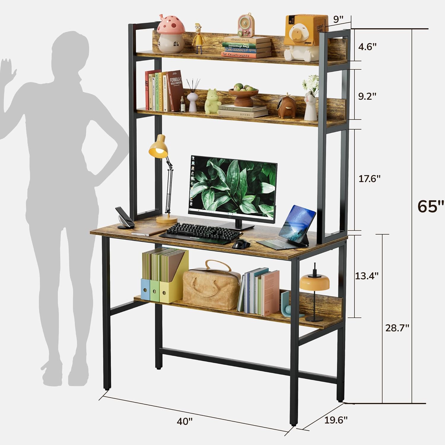 Aquzee Computer Desk with Shelves, 47" W x 23.6" D Gaming Desk with Hutch and Bookshelf