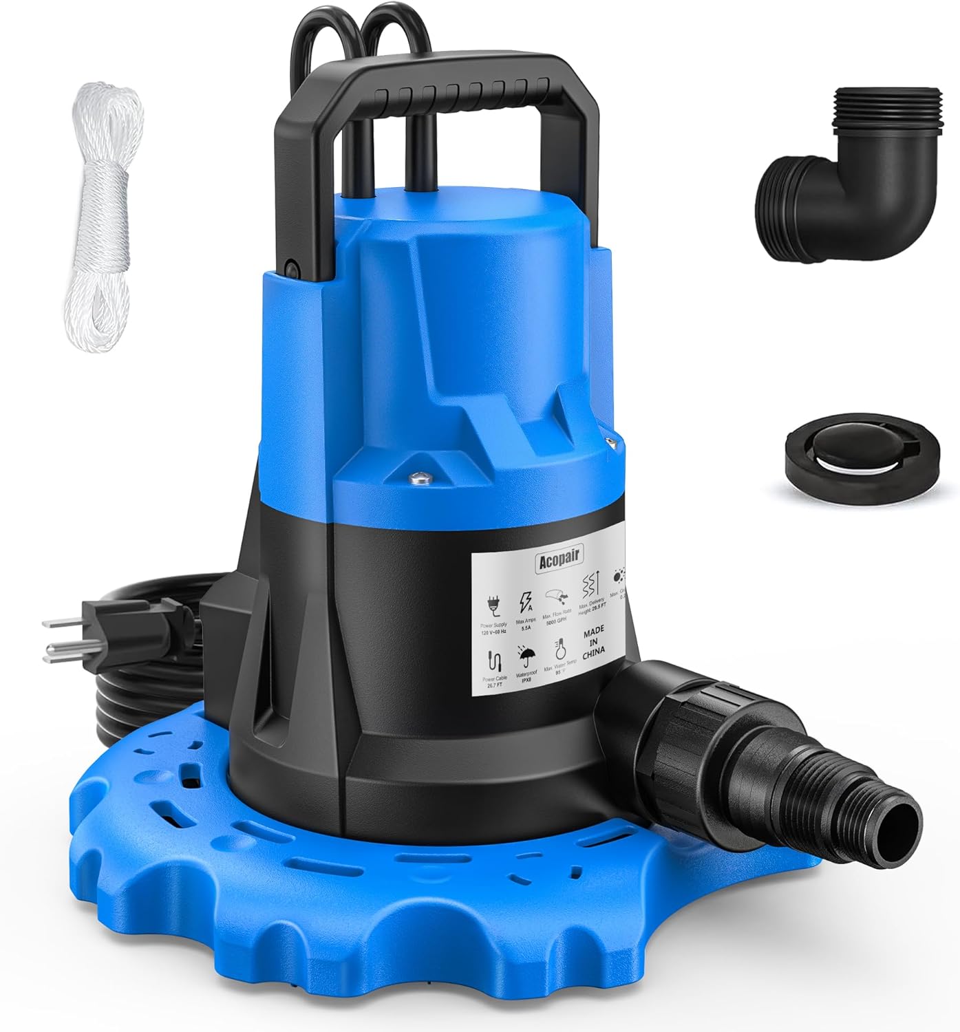 1 HP Automatic Swimming Pool Cover Pump, 5000 GPH Submersible Pumps with 3/4” Check Valve Adapter & 25ft Power Cord, Water Removal for Pool