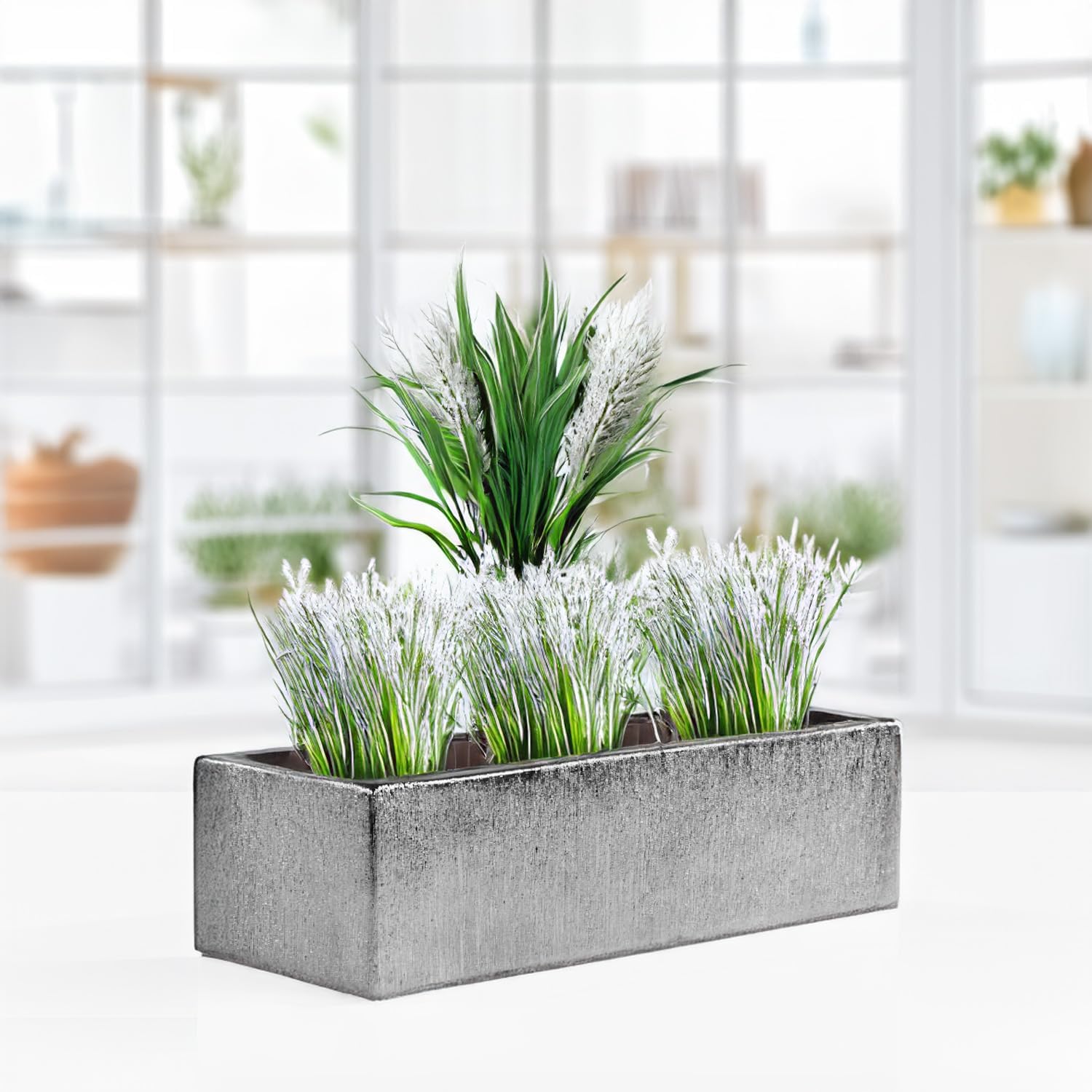 WGVI Long Rectangle Ceramic Planter Vase in White 14" x 4" x 4"H, Rectangular Box Block Terrarium Pot, Flower Arrangement, Tabletop Centerpiece