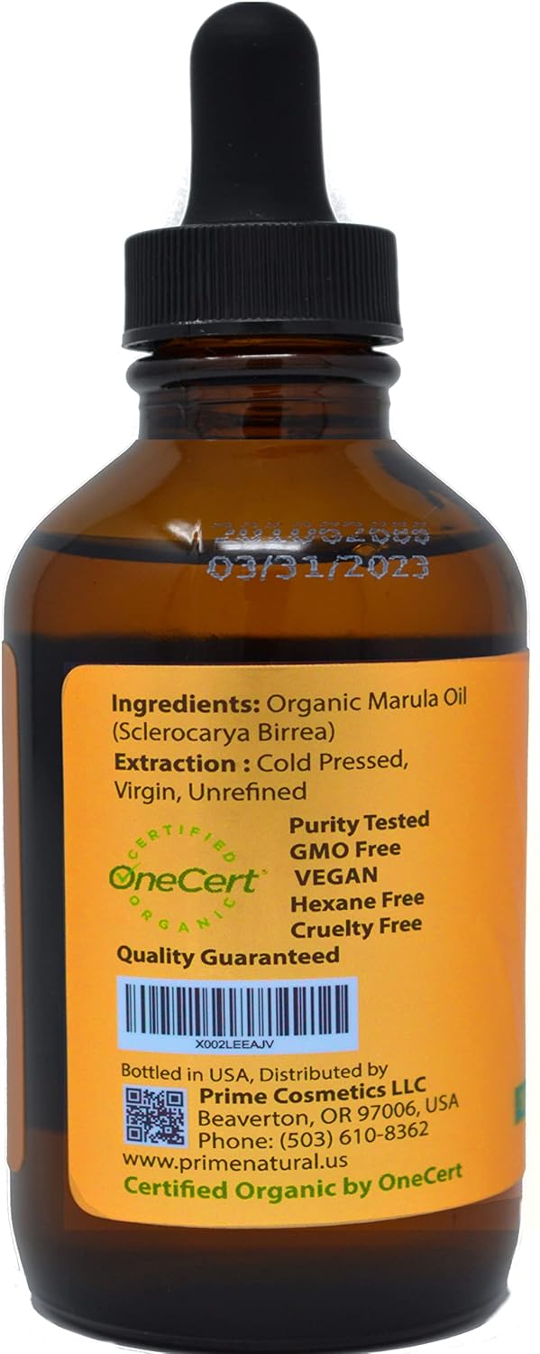 PRIME NATURAL Organic Marula Oil, Pure, Cold Pressed, USDA Certified - 4oz