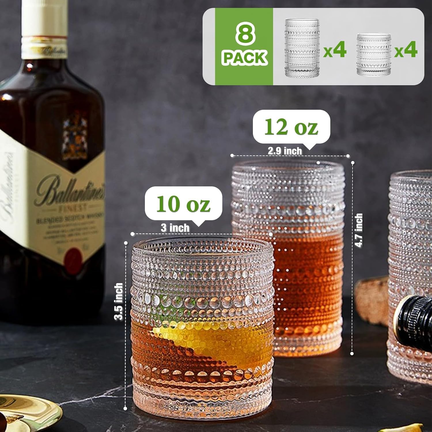 Hlukana Vintage Hobnail Drinking Glasses Set of 8, 12 oz Highball Glasses & 10 oz Cocktail Glasses Set, Kitchen Water Glasses Cup