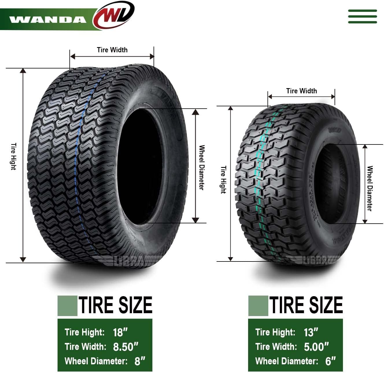 WANDA Set 4 Lawn Mower Turf Tires 16x6.5-8 & 23x10.5-12 /4PR -13019/13049 | Riding Lawn Mover, Garden Tractor