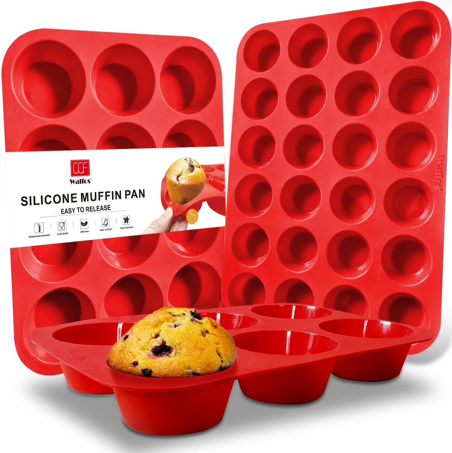 Walfos Silicone Texas Muffin Pan - 6 Cup Jumbo Silicone Cupcake Pan, Non-Stick, Just Release! Perfect for Egg Muffin